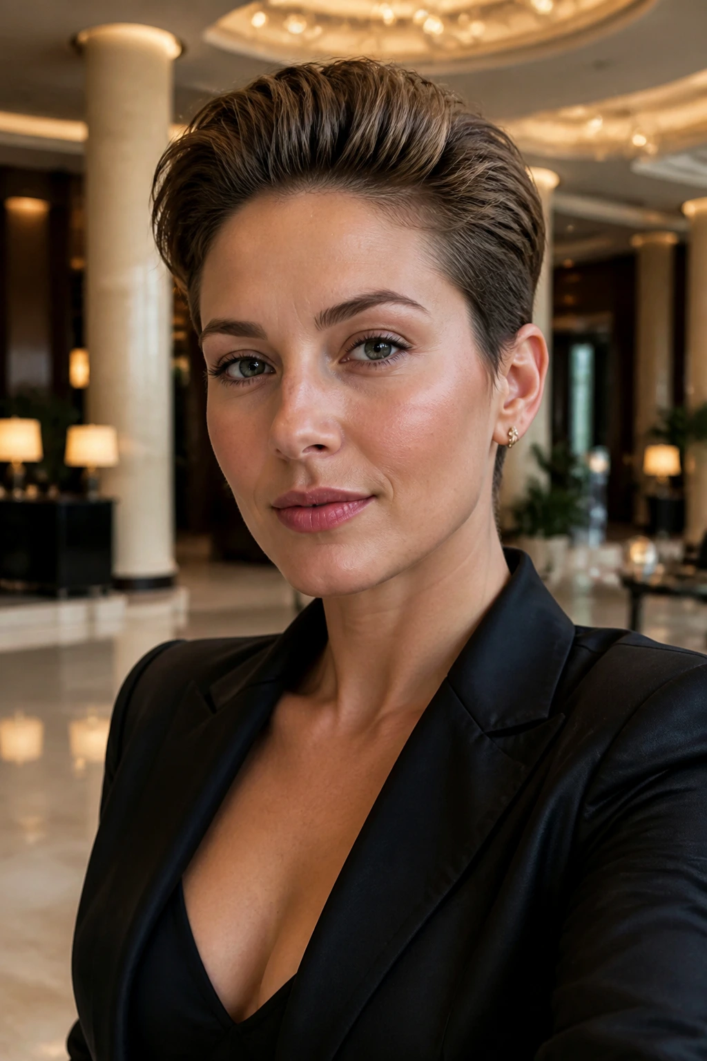 Portrait of a real woman with a slicked-back long pixie and tapered sides