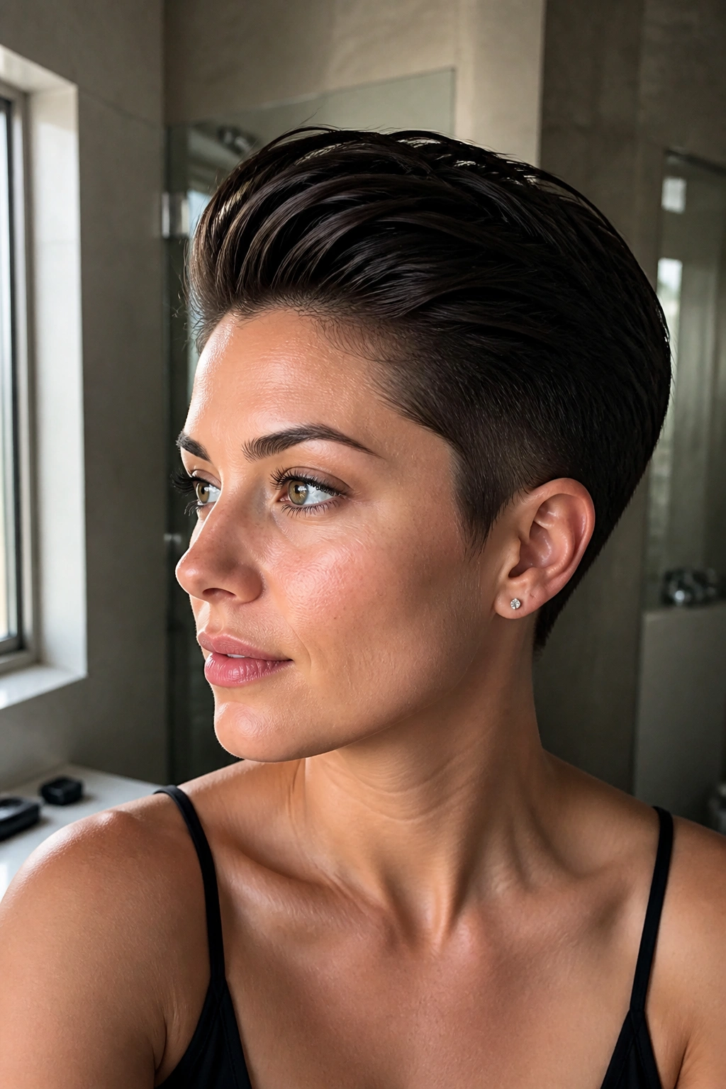 Close-up portrait of a real woman with slicked-back pixie on thick hair