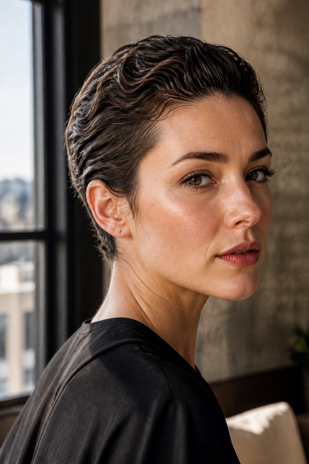 Portrait of a real woman with slicked-back pixie and subtle wave