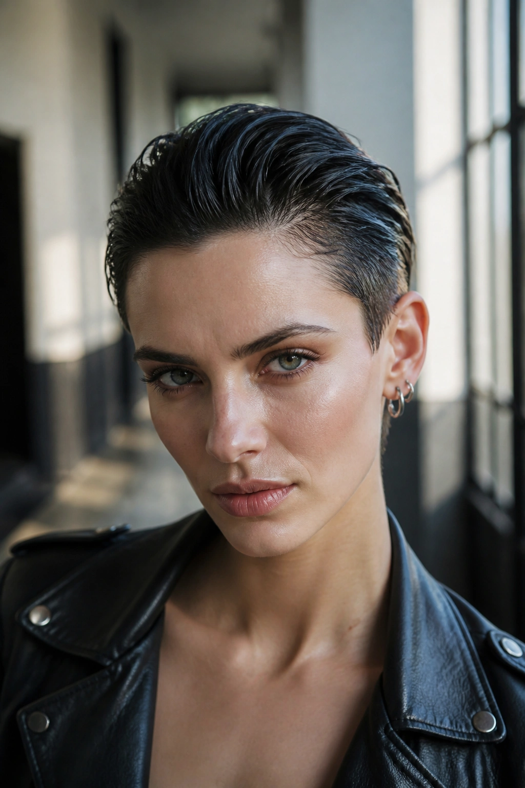 Real person with wet-look pixie slicked back, glossy finish