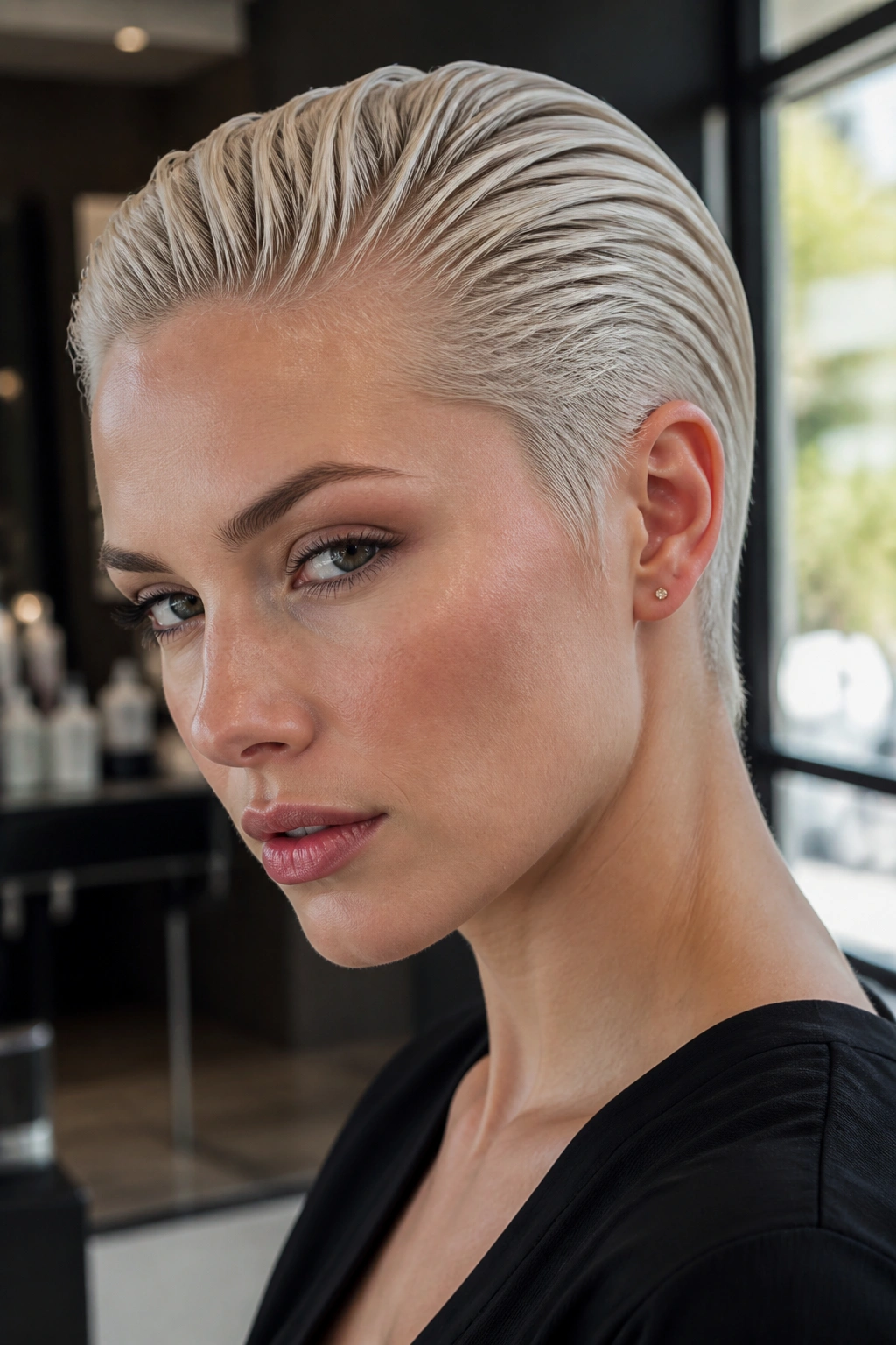 Close-up of a real person with a platinum blonde slicked-back crop in a modern salon