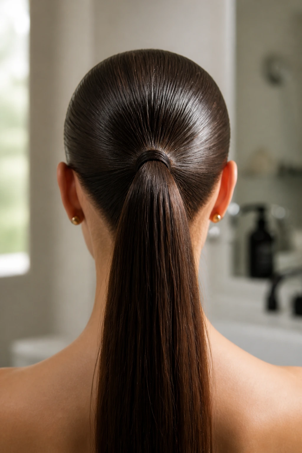 Back of head showing a sleek slicked-back ponytail with a clean crown line.