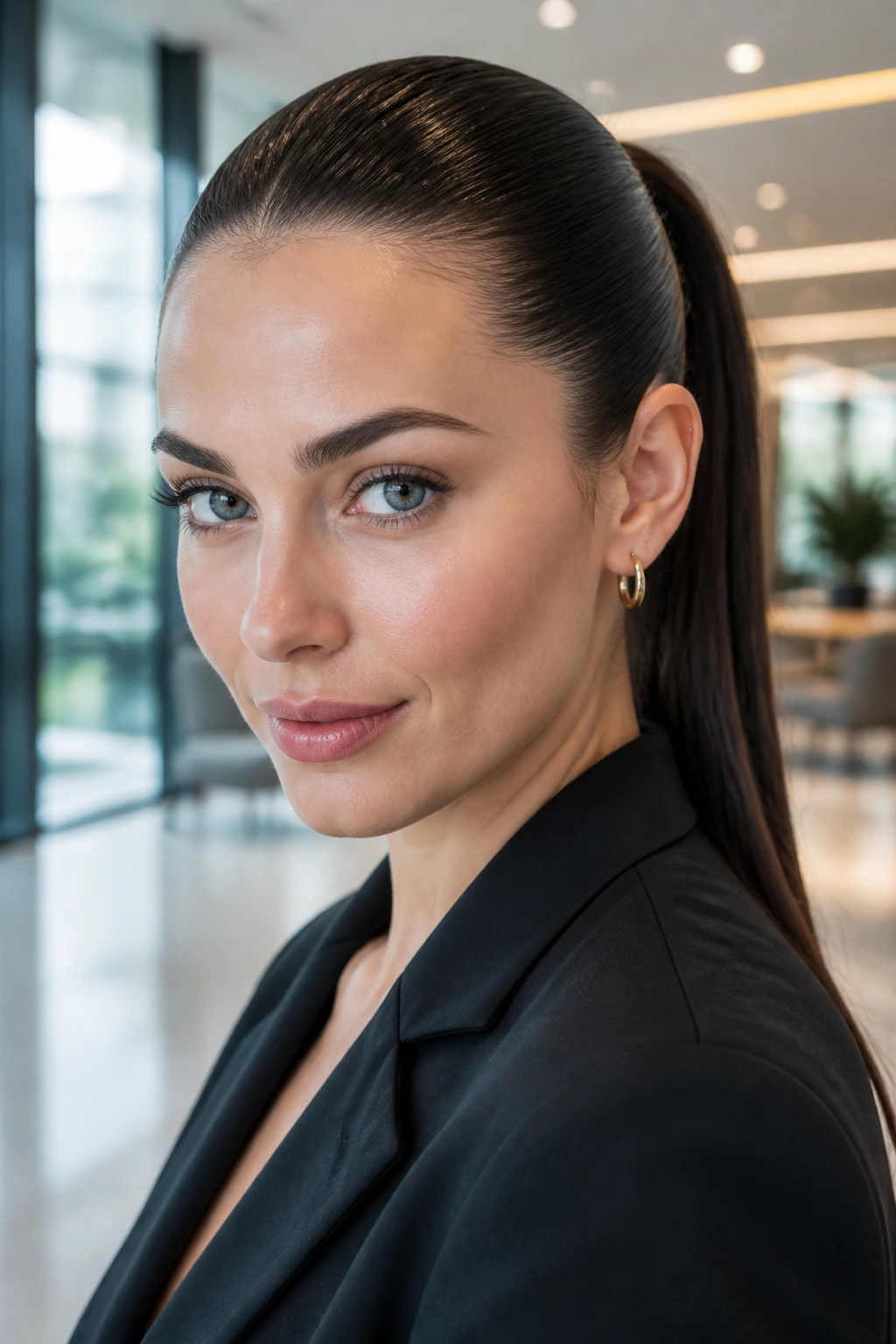 Portrait of a woman with a slicked-back ponytail for frizz control