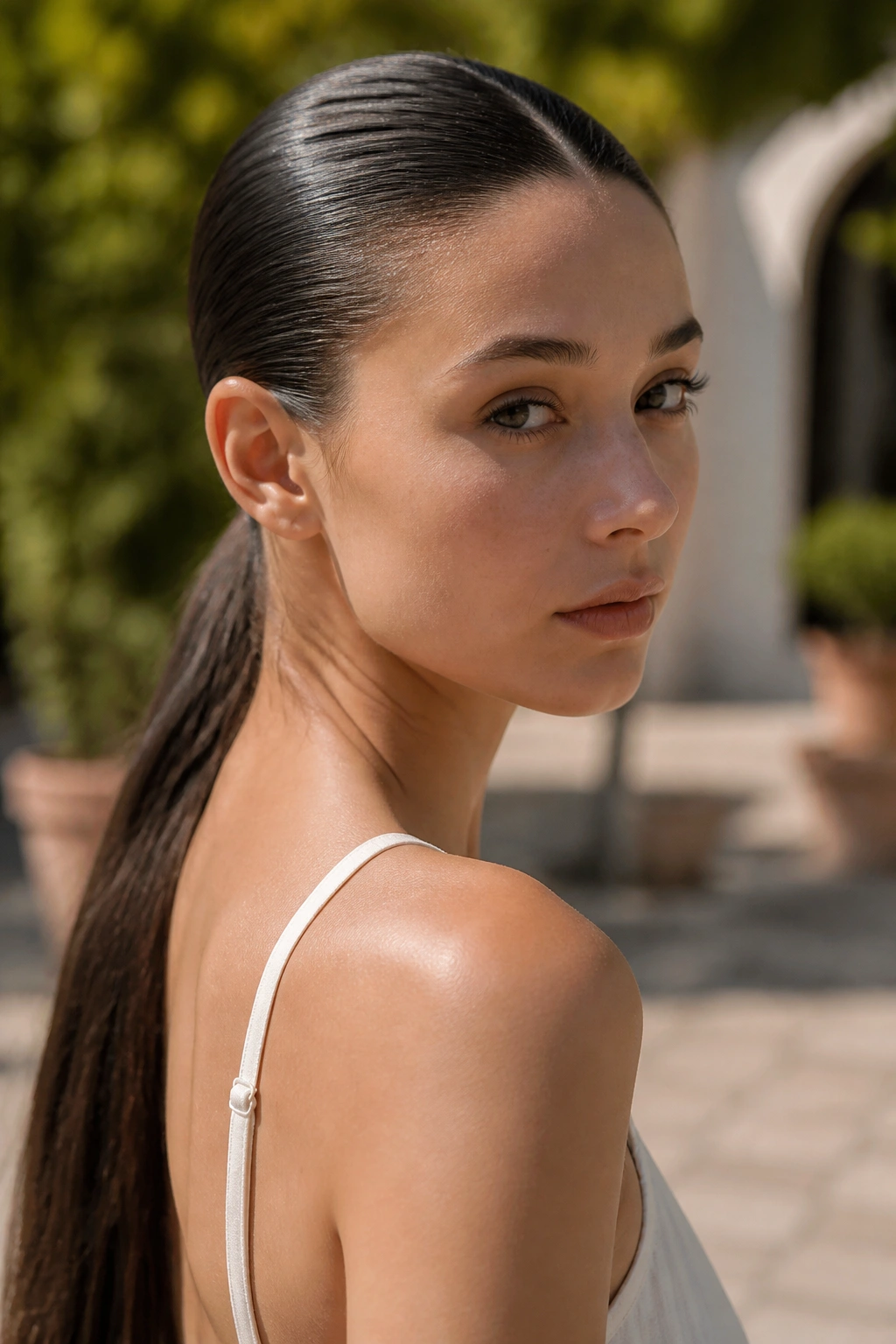 Close-up portrait of a real woman with slicked-back low ponytail in sunny outdoor setting