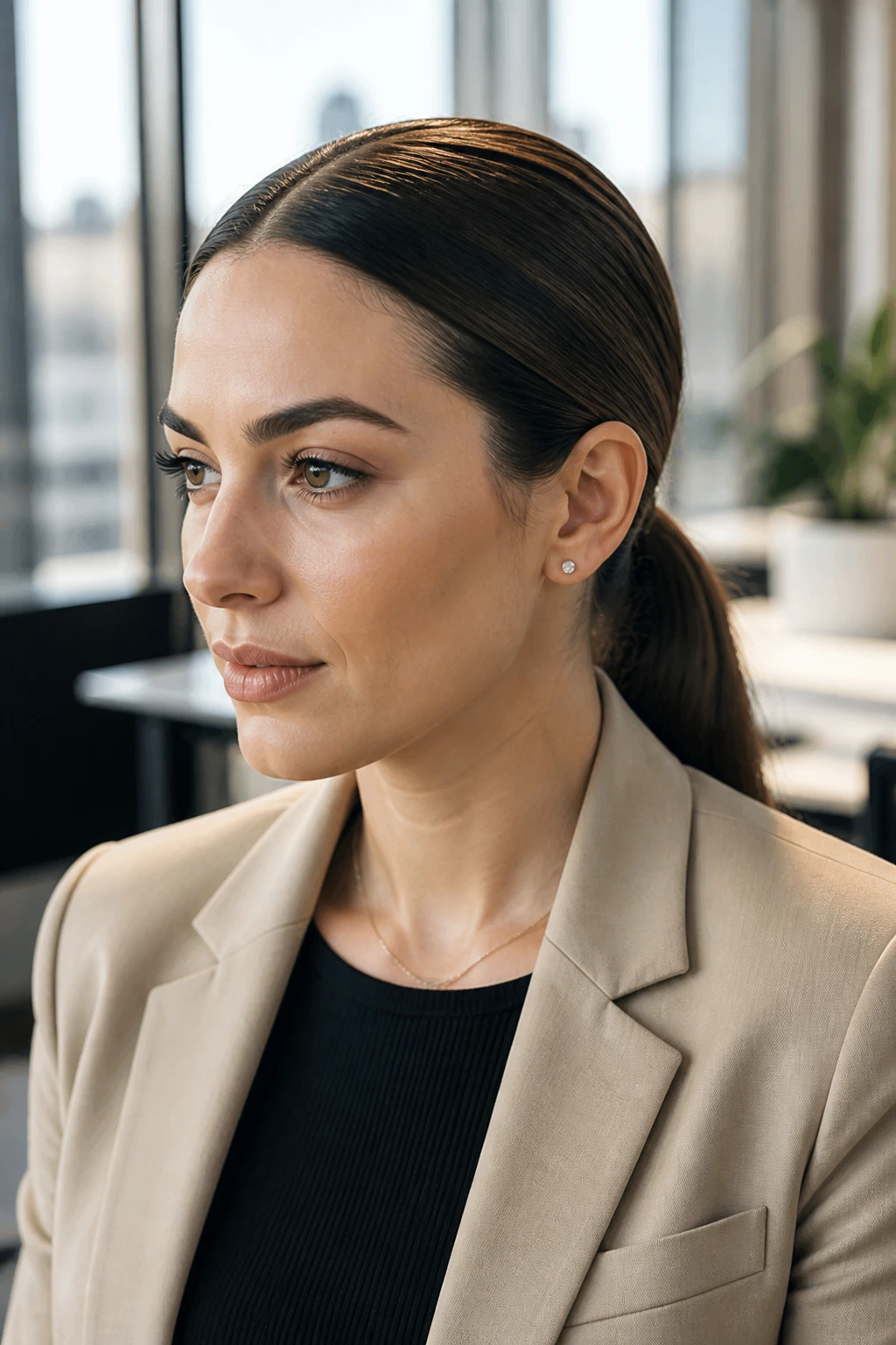 Close-up of real woman with slicked-back low ponytail and clean part
