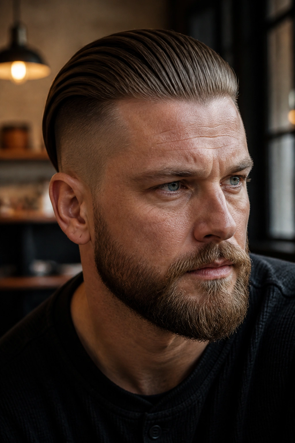 Portrait of man with matte slicked-back shield cut