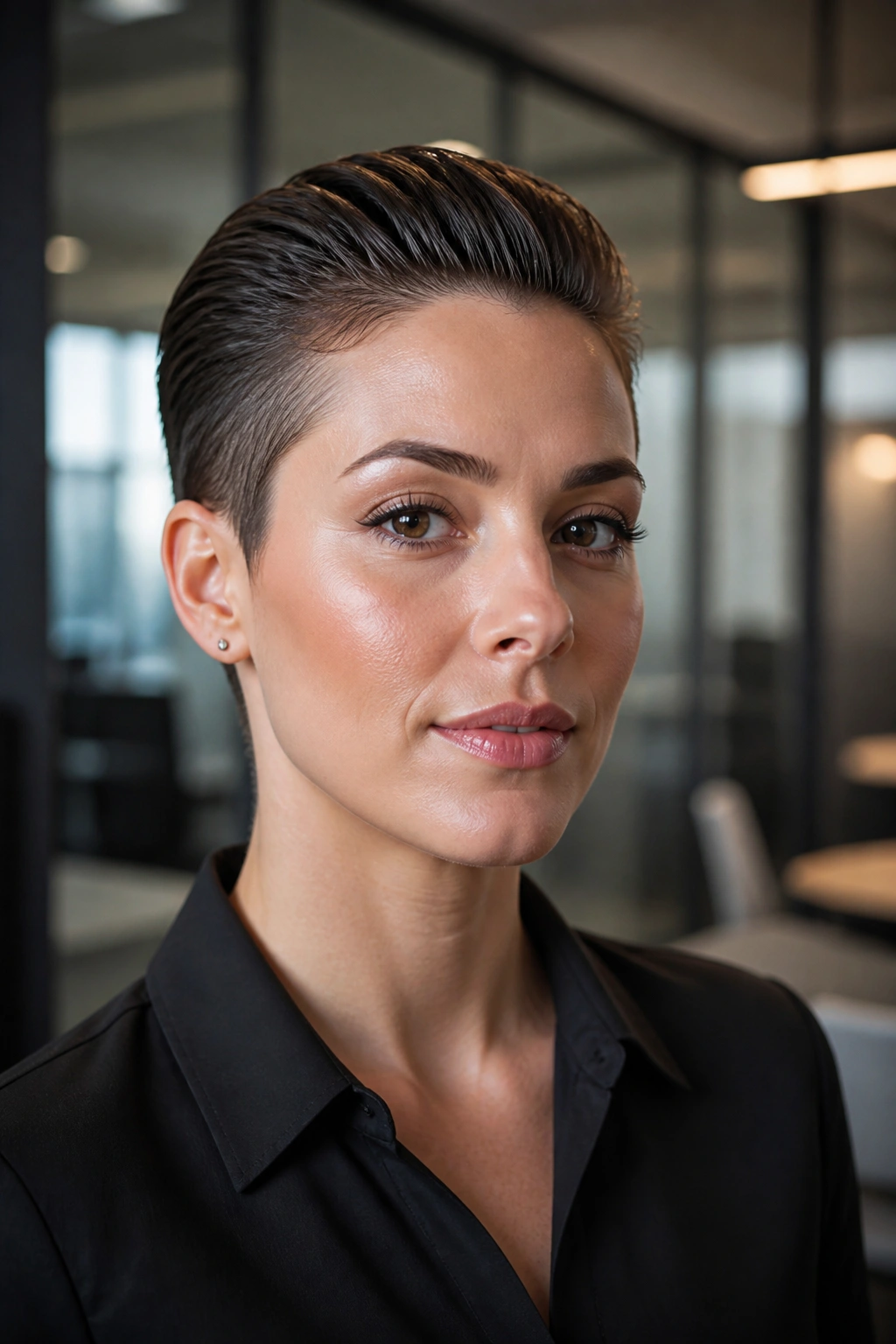 Real person with a slicked-back short crop in an office setting.