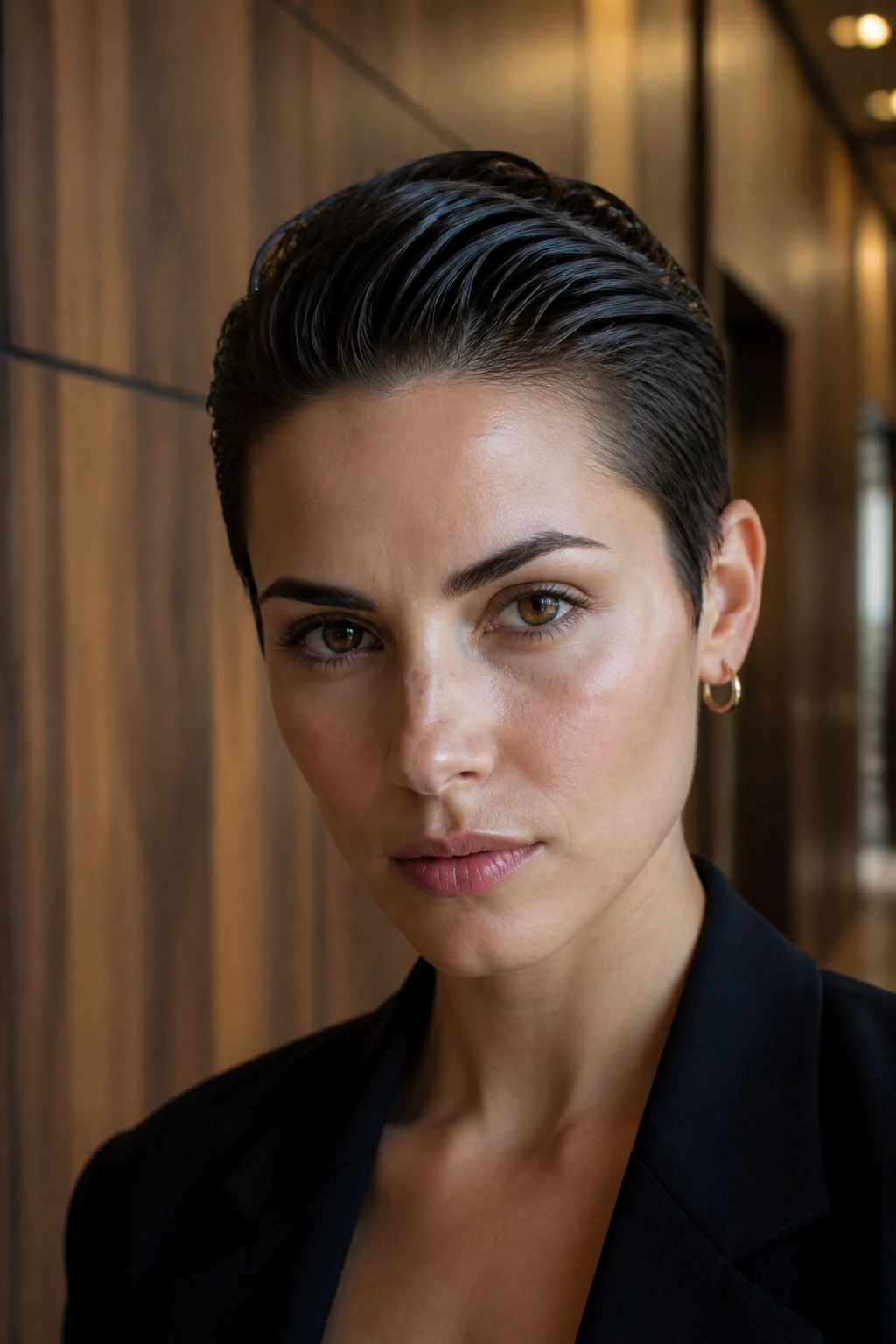 Close-up portrait of a person with a slicked-back short haircut in an urban hallway