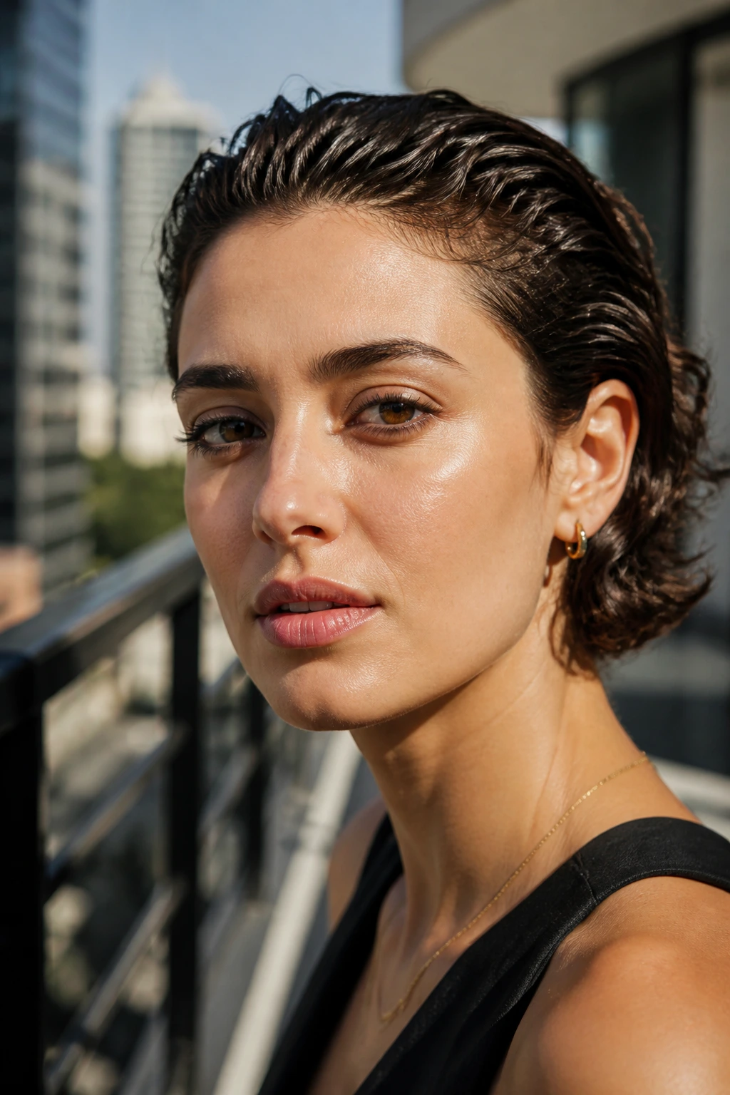 Real person with slicked-back short waves and open face