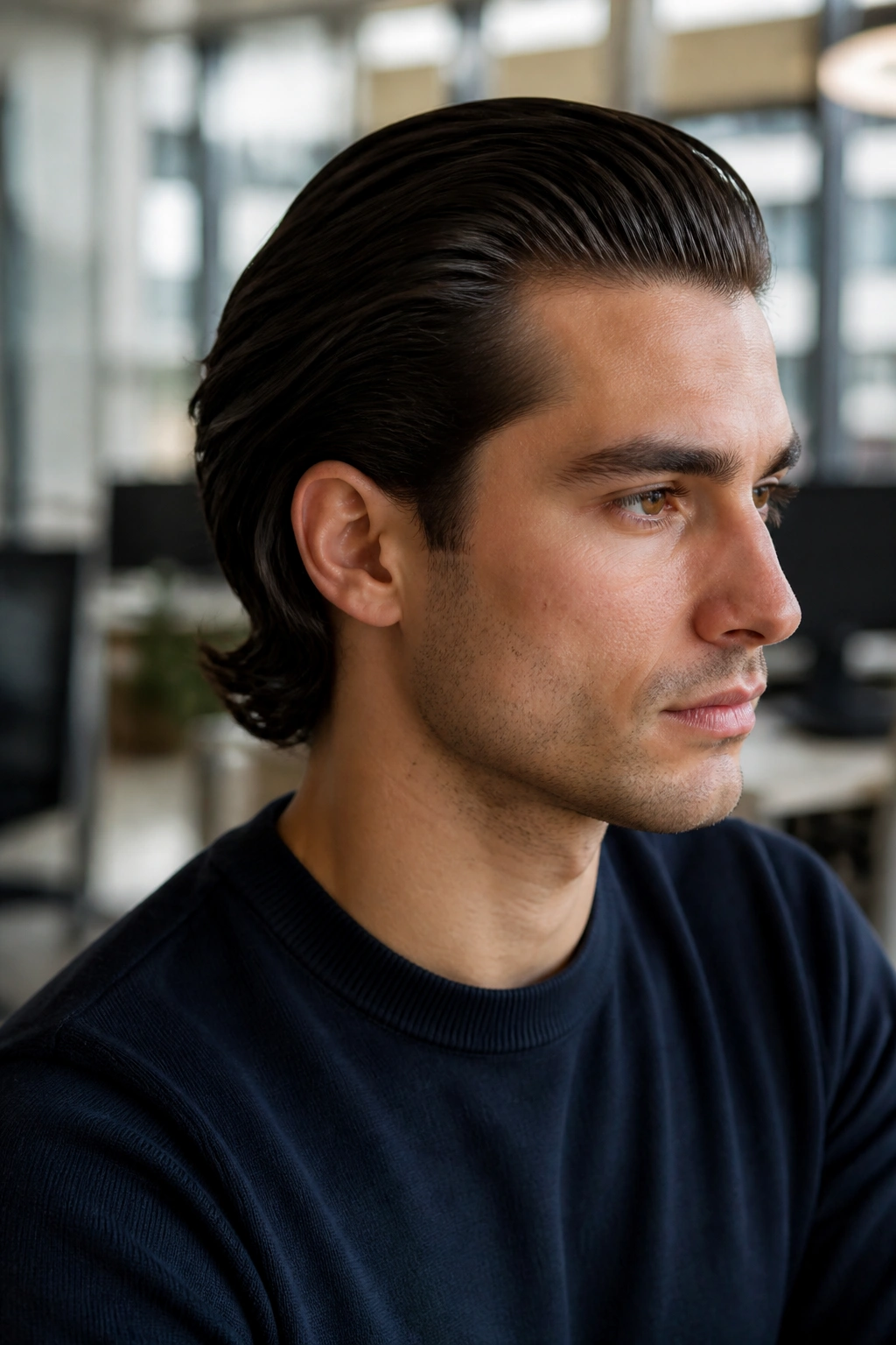 Man with slicked-back length hairstyle in an office setting