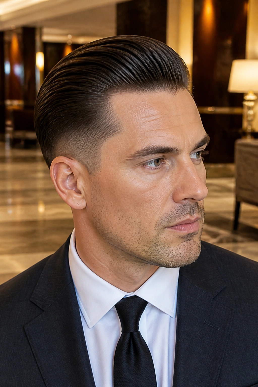 Close-up portrait of a man with a slicked-back taper hairstyle in warm hotel lobby light