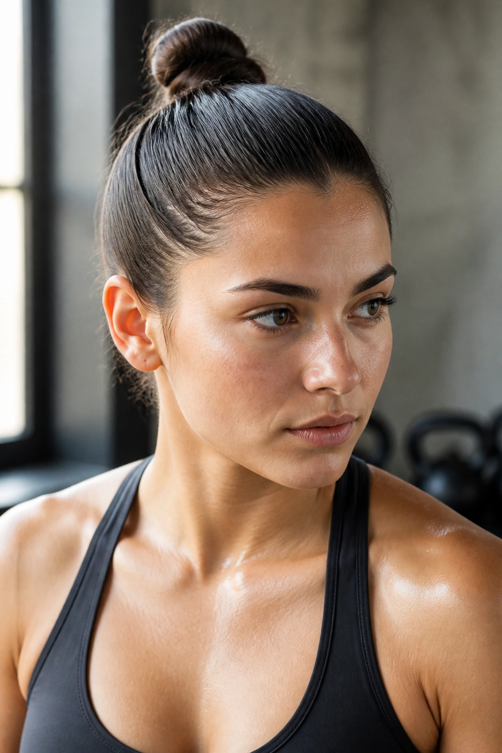 Close-up portrait of a real person with a slicked-back top knot