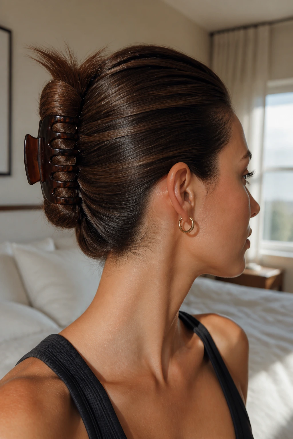 Close-up portrait of a real woman showing a slicked-back claw-clip twist with smooth roots and secure clip.