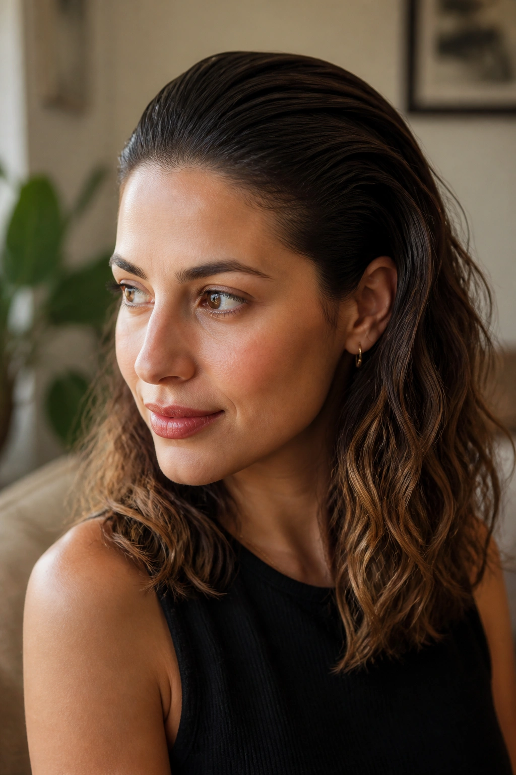 Close-up portrait of a real woman with a slicked-back crown and wavy lengths, natural window light