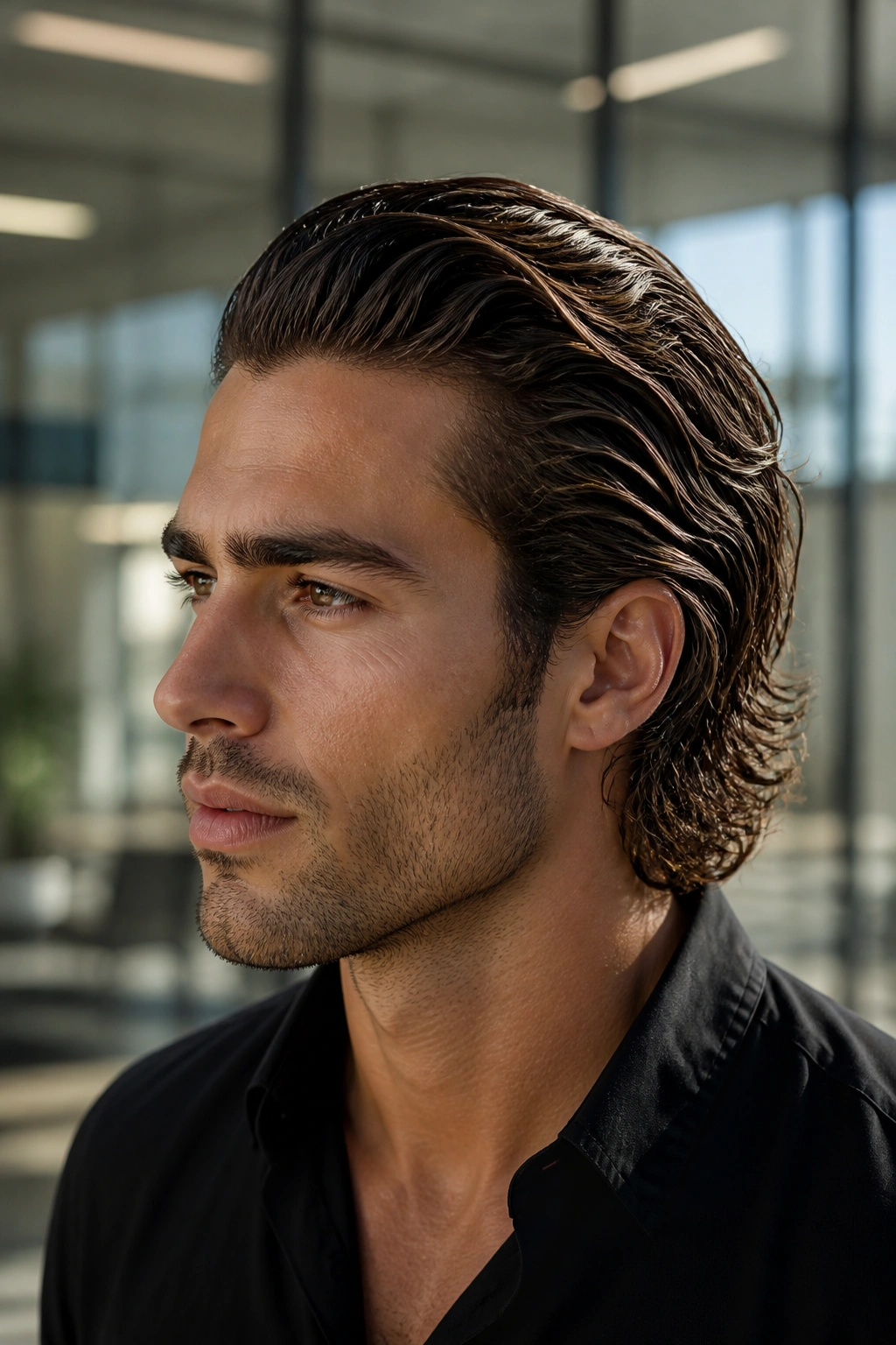 Close-up of a man with slicked-back waves in a modern office setting