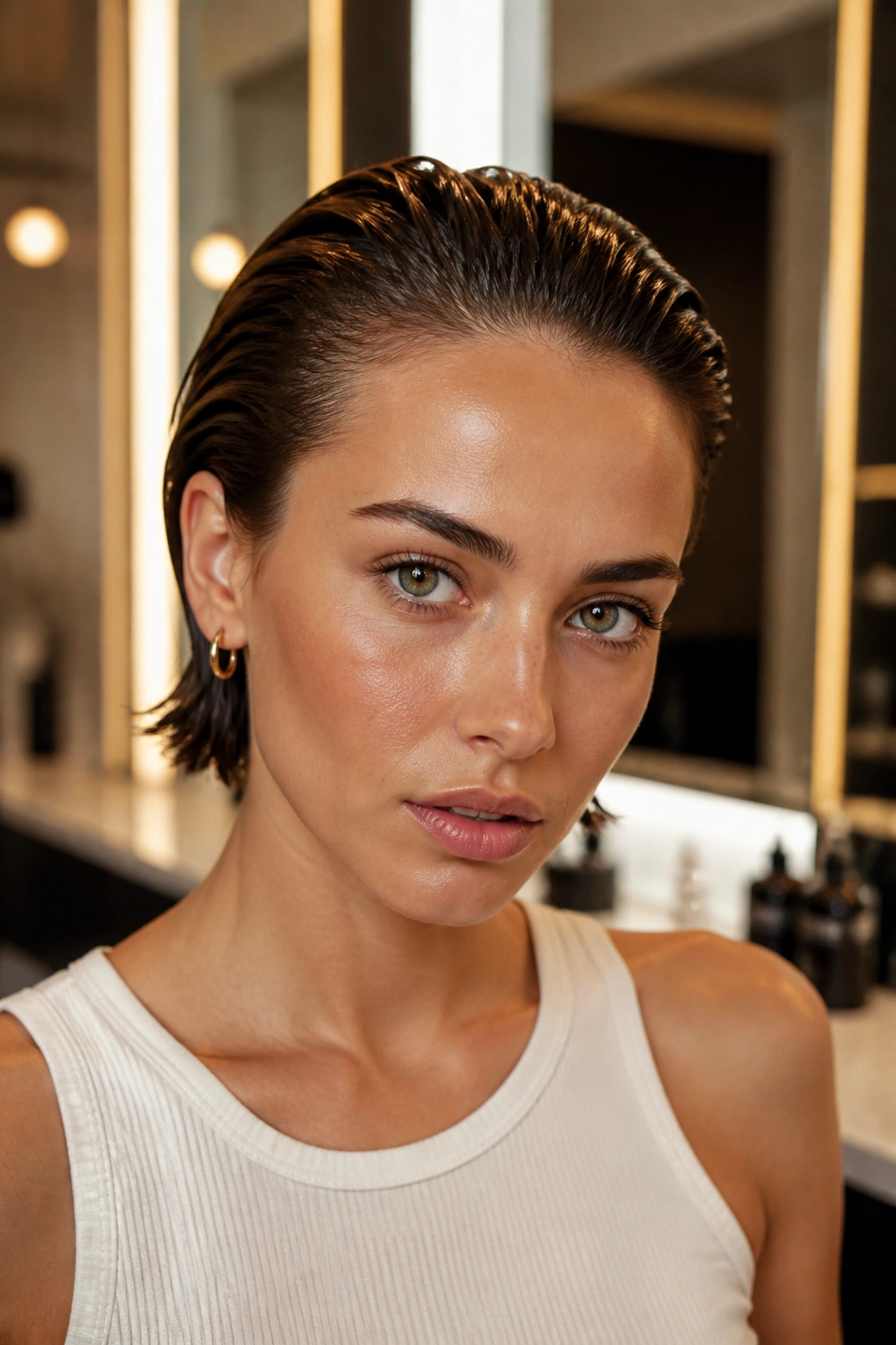 Close-up of damp hair slicked back with glossy top on real woman.