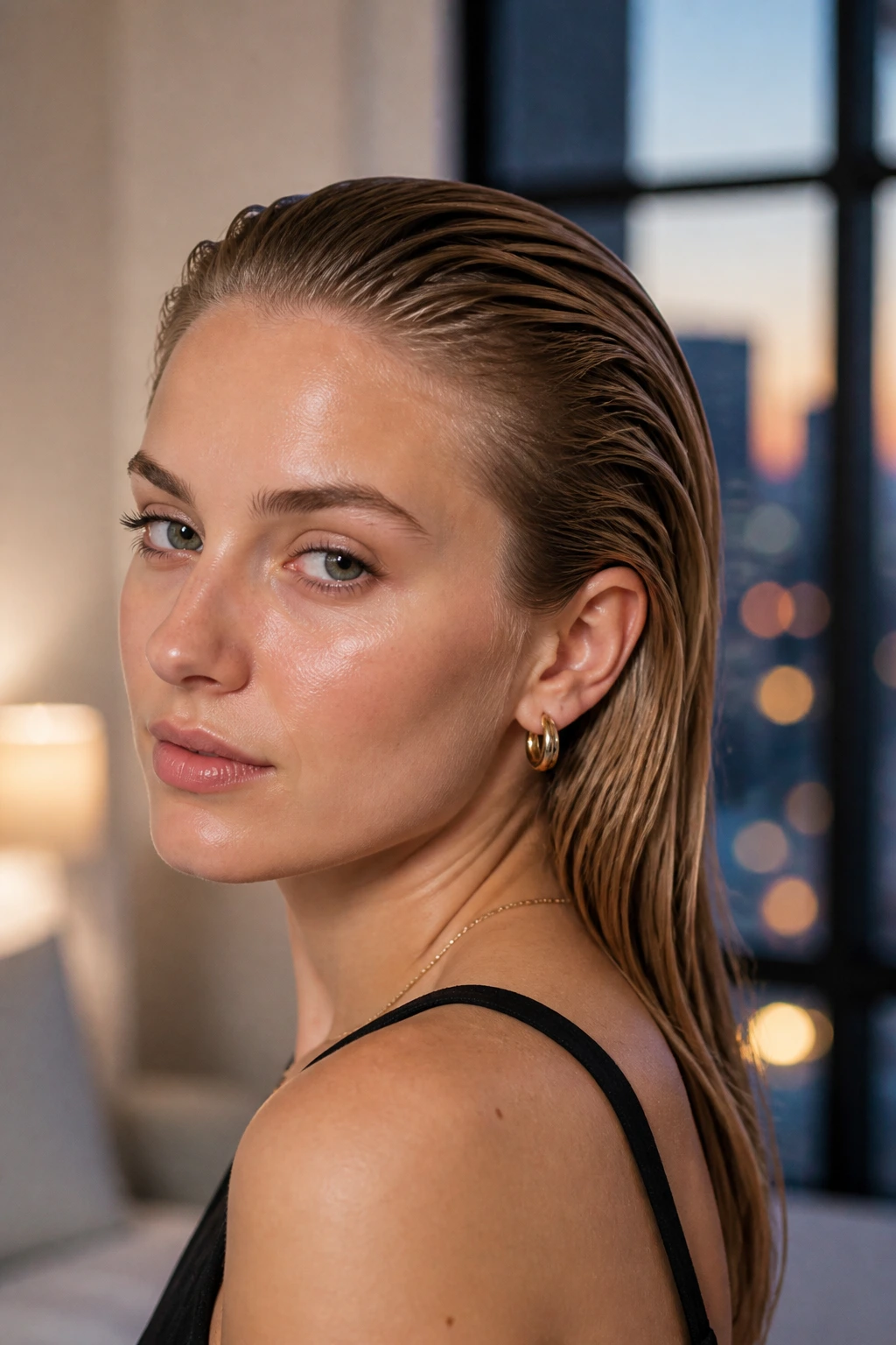 Close-up of a real woman with a slicked-back wet look hairstyle.