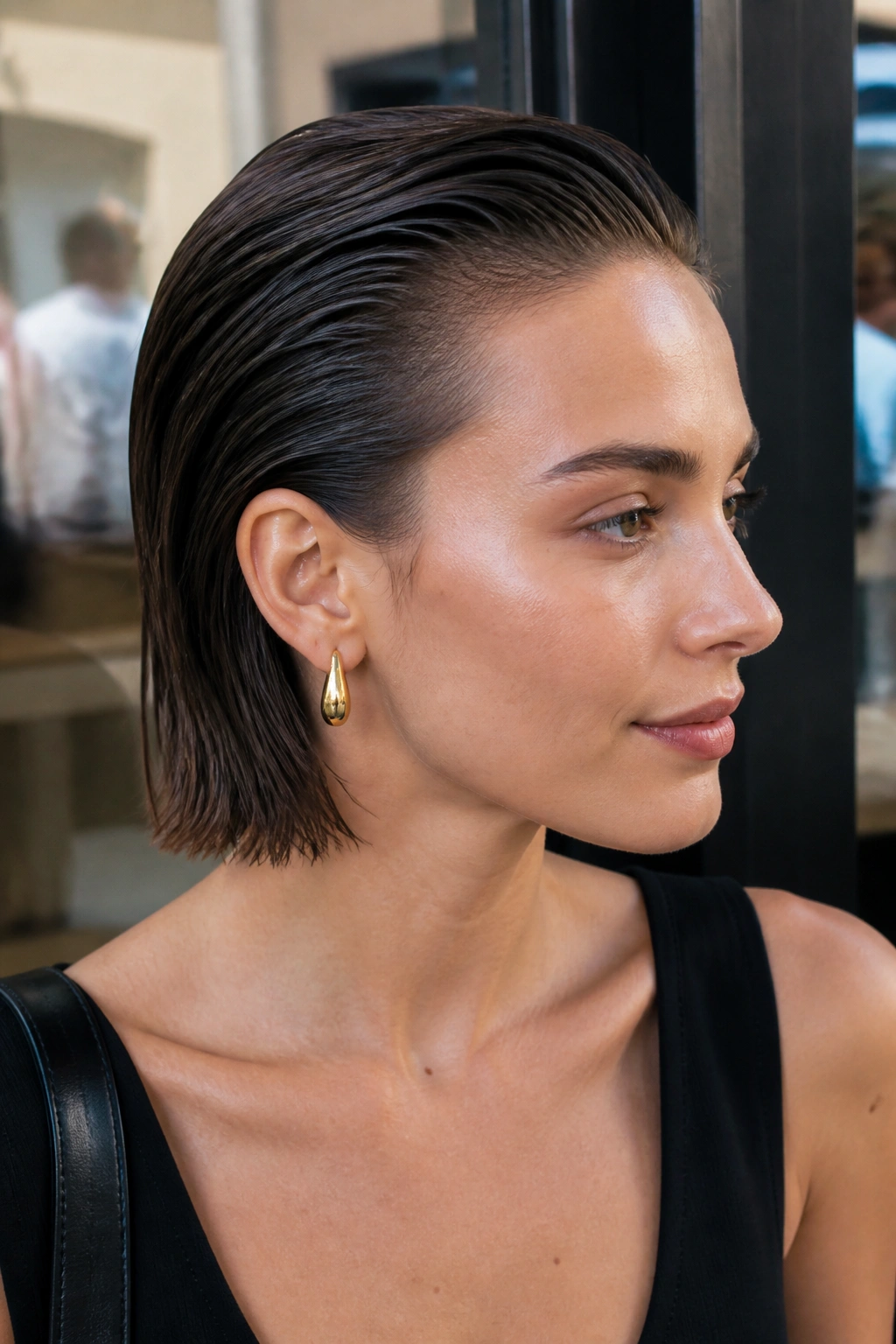 Portrait of a woman with a slicked-back wet-look bob
