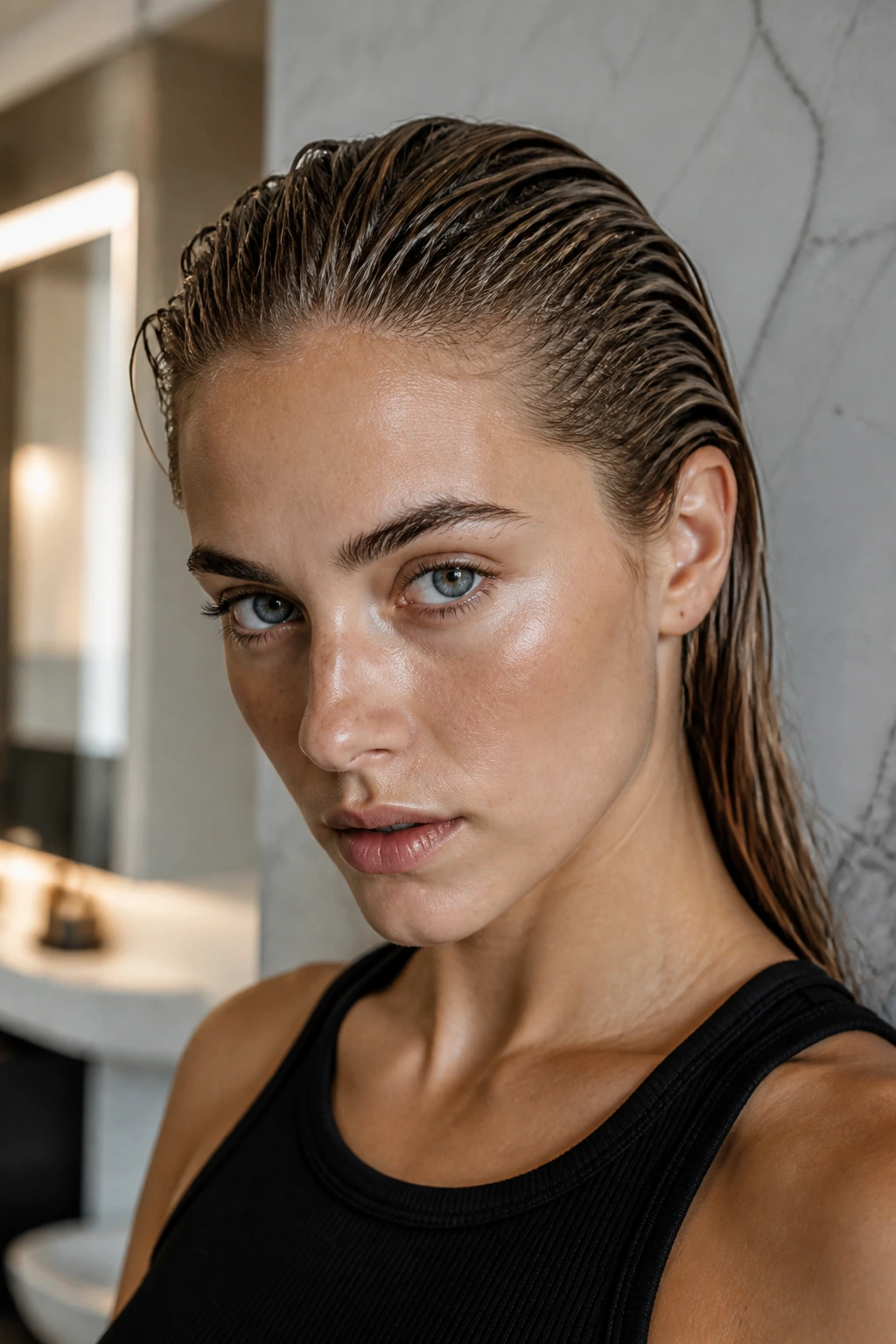 Close-up of a real person with a slicked-back wet look hairstyle
