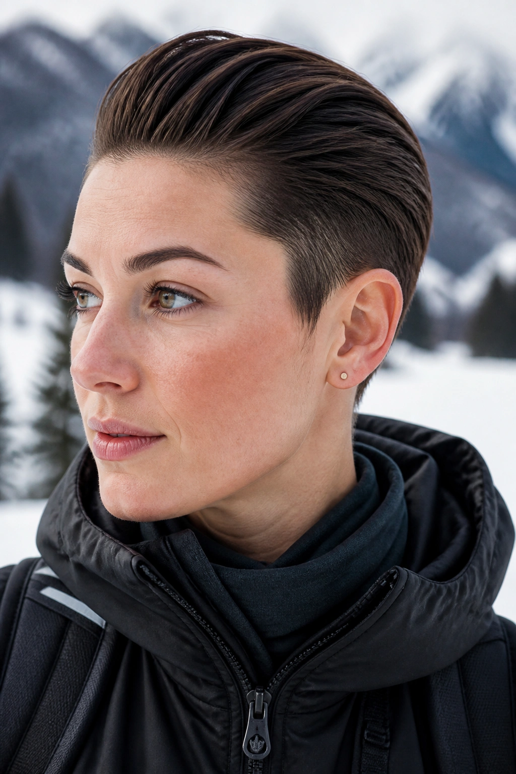 Close-up of a woman with a slicked crop hair under snowy outdoor lighting