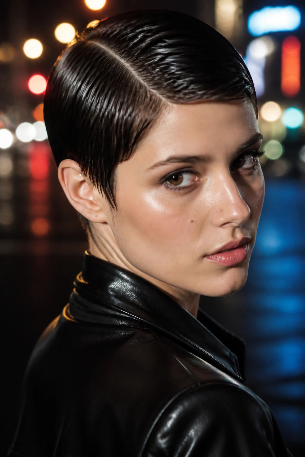 Portrait of person with sleek slicked-down pixie and shiny finish under city lights.