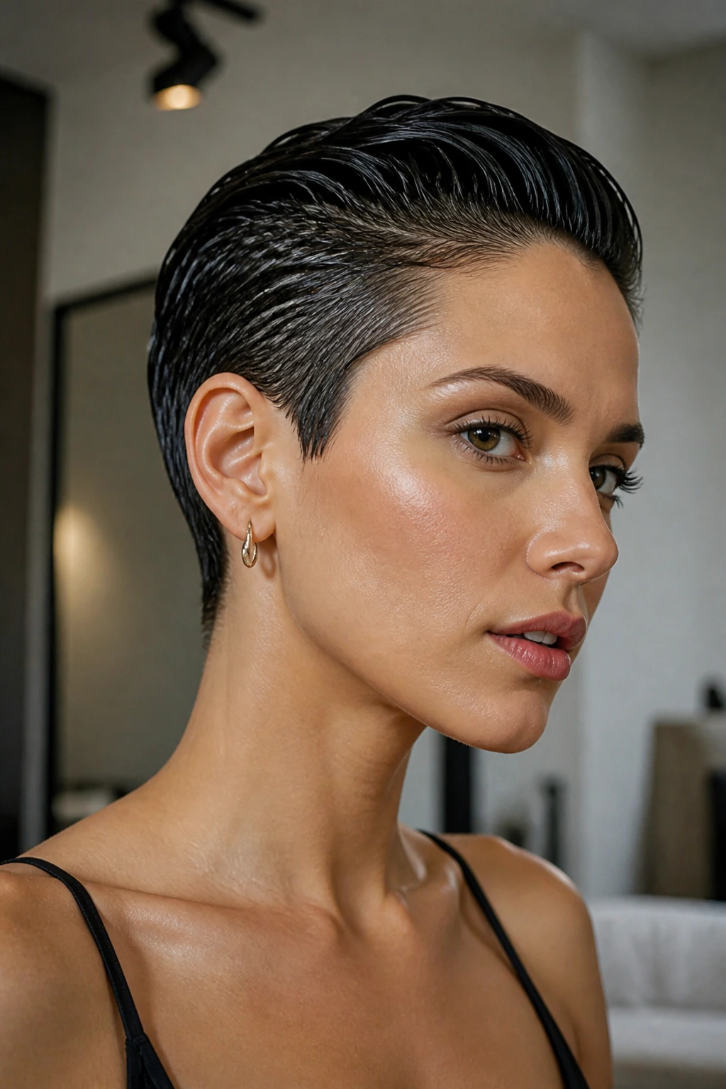 Close-up portrait of a real person with a glossy slicked pixie