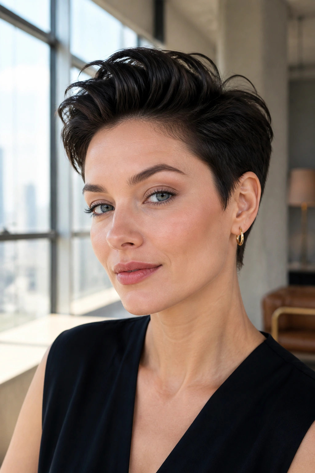 Close-up portrait of a real person with a slicked pixie and root lift