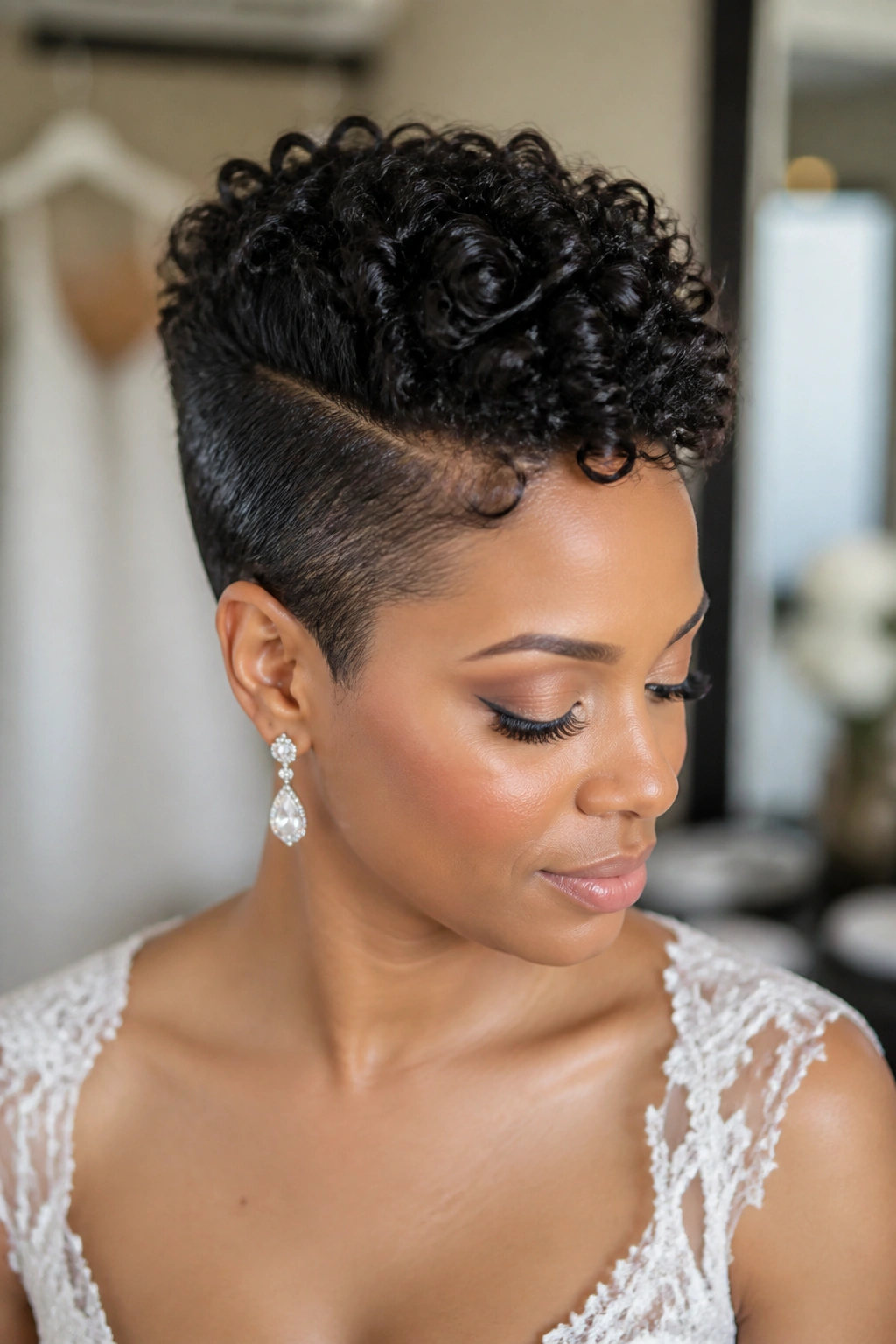Medium close-up of a real woman with slicked sides and a voluminous curly top in a bridal prep room