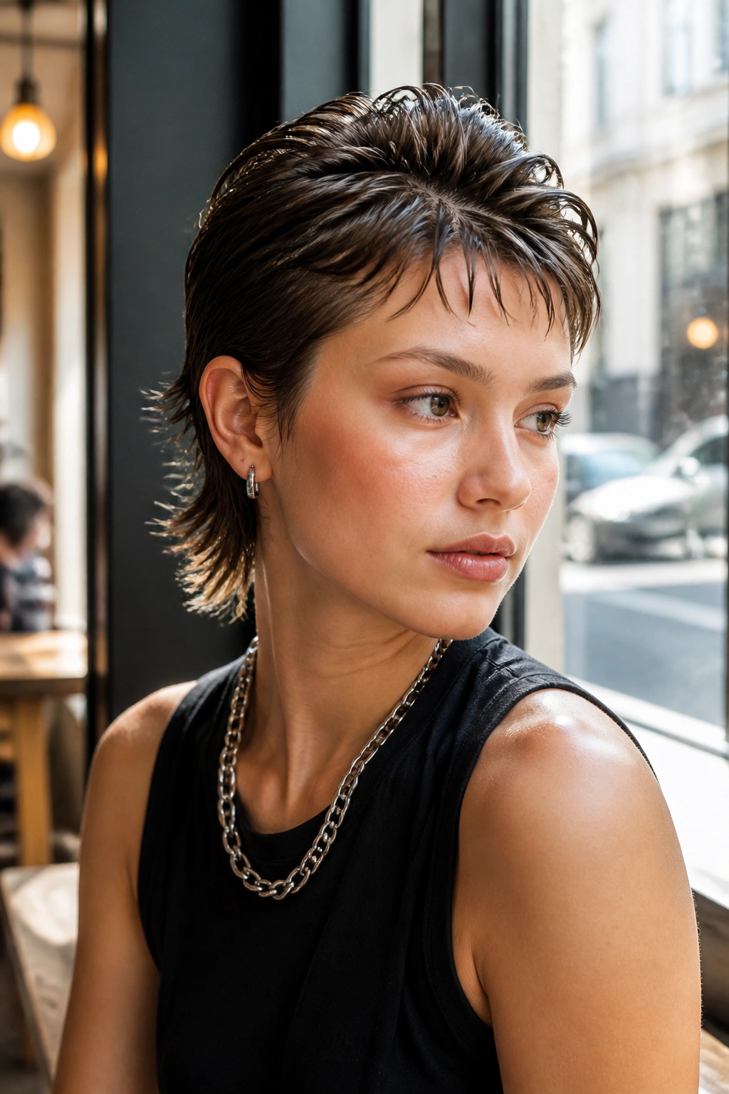 Real person with slicked-down top and piecey ends pixie mullet in daylight