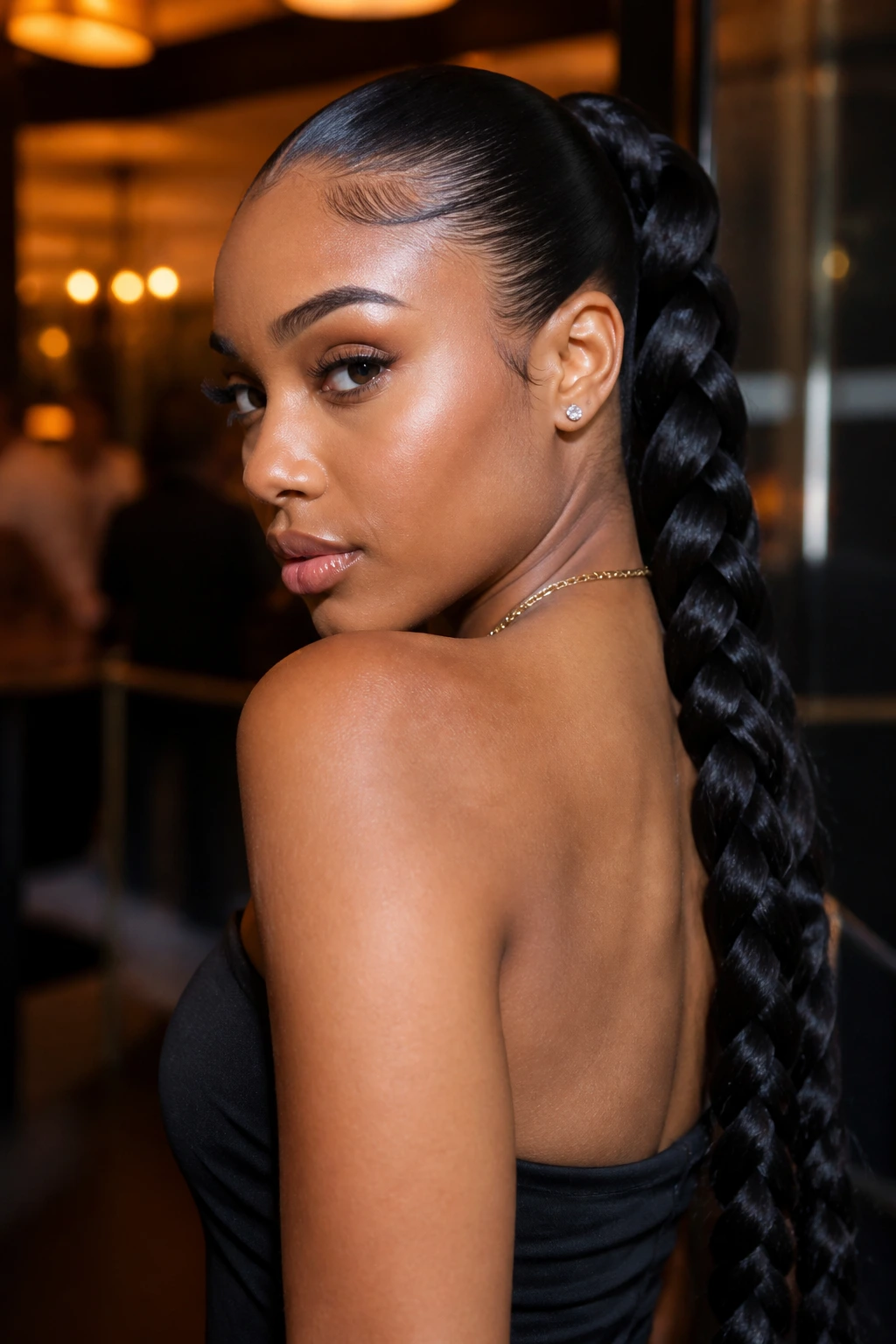 Close-up portrait of a real woman with a glossy slicked-back base and a thick statement braid