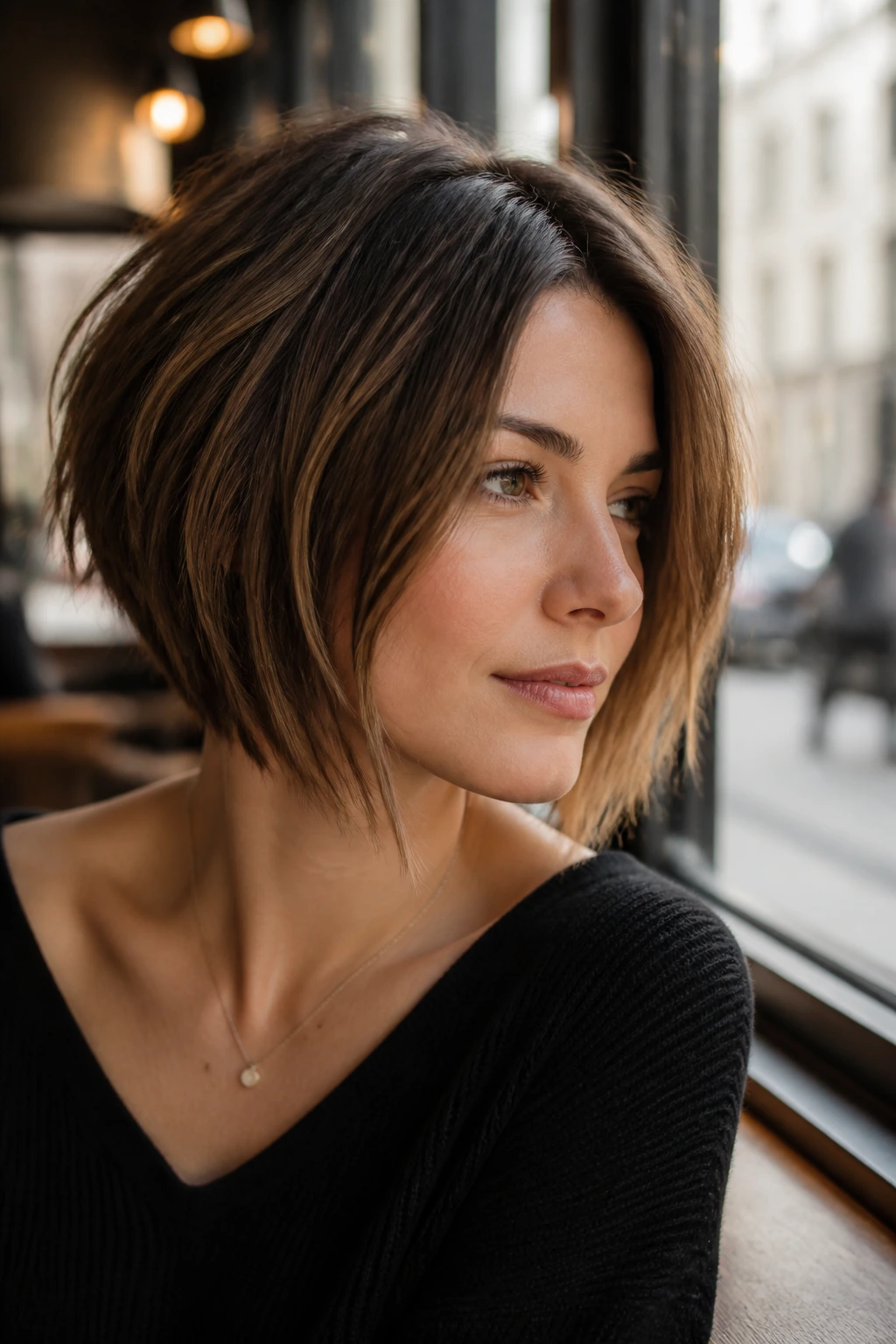 Close-up of a real woman with a slightly A-line textured bob