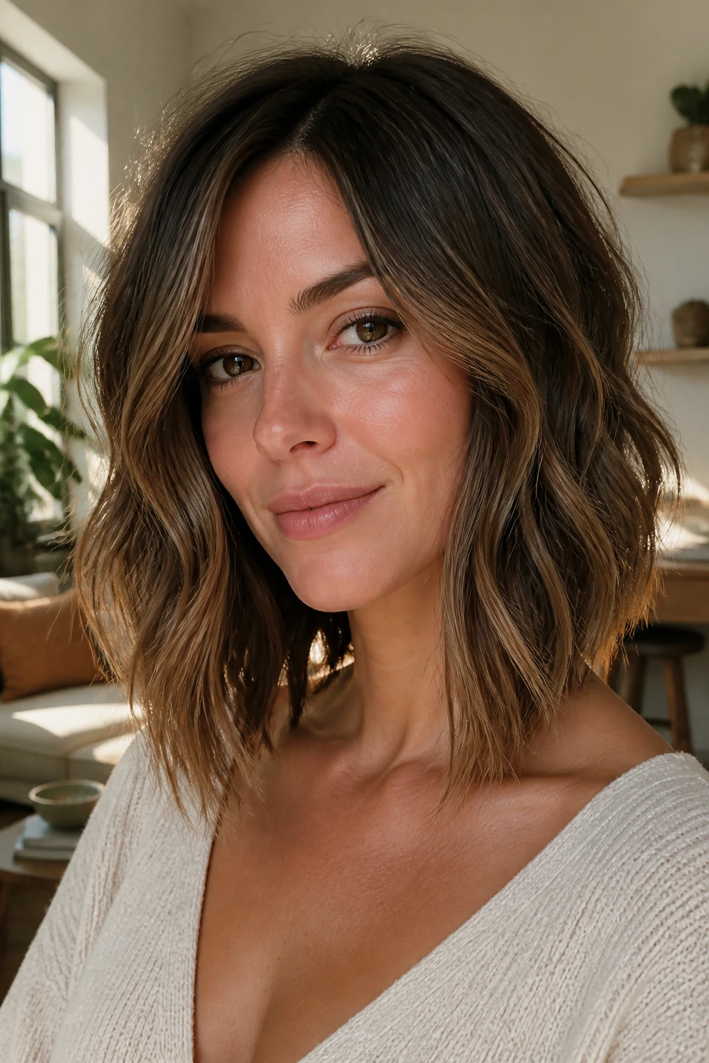 Close-up portrait of a real woman with slightly angled lob showing longer front
