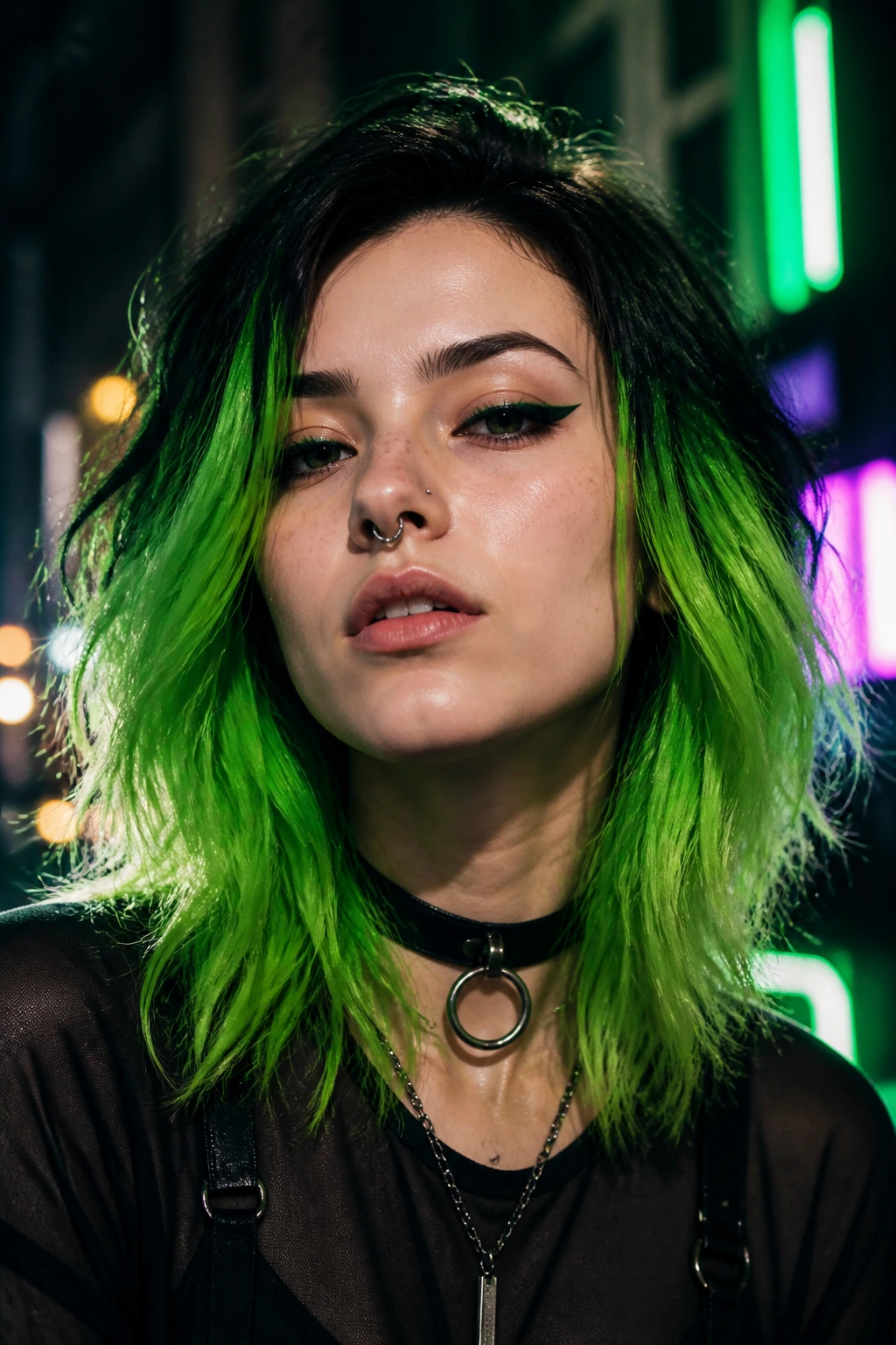 Close-up of a real person with slime-green hair in neon-lit urban backdrop