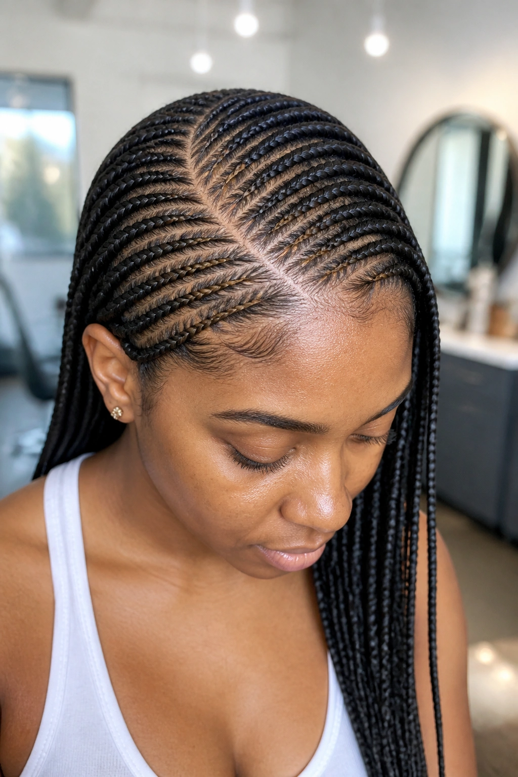 Close-up of Small Feed-In Lemonade Braids in a bright salon