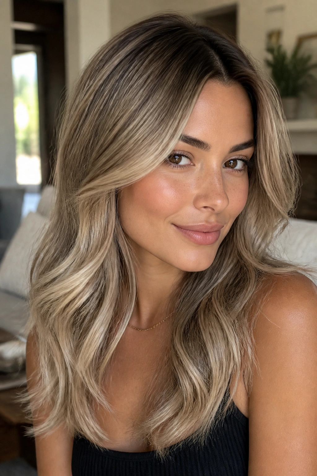 Close-up of a real person with smoke beige blonde hair on a darker base