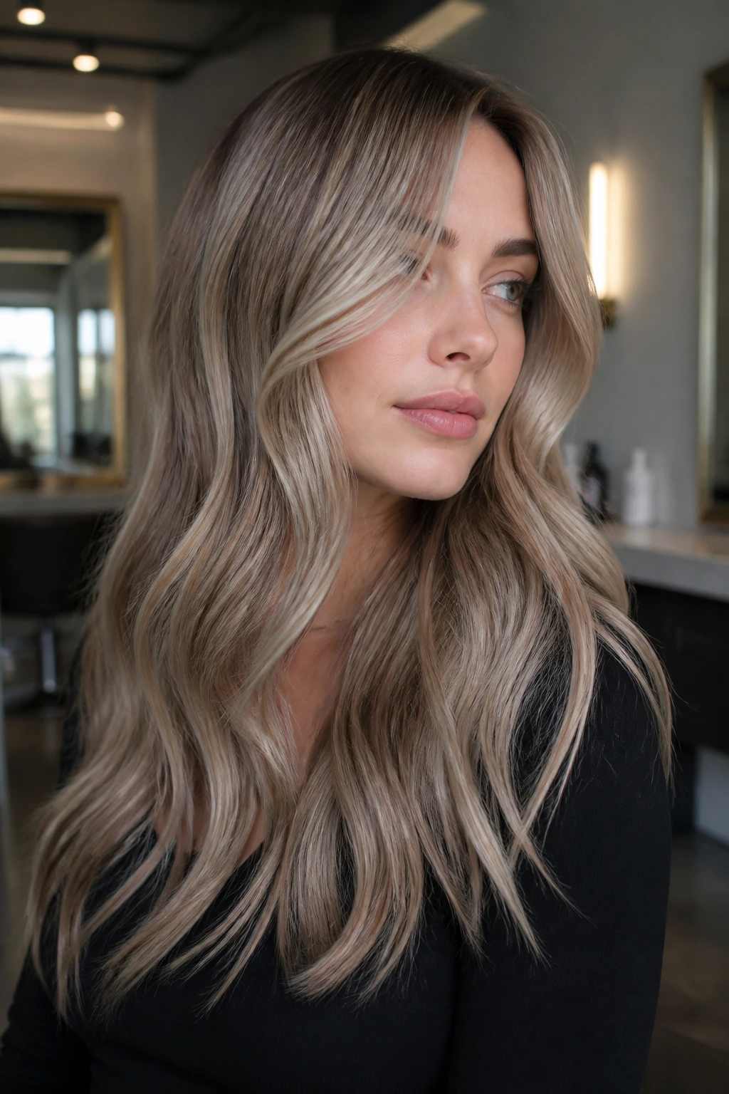 Close-up portrait of a real woman with smoke beige blonde in a salon setting