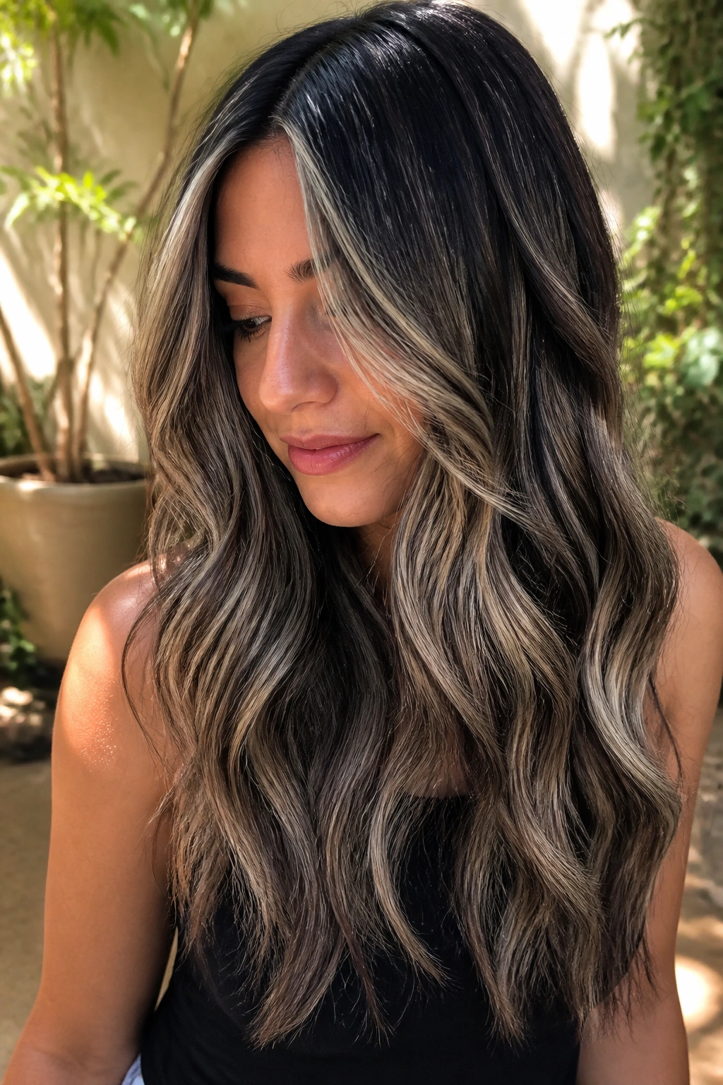 Close-up of long hair with smoke cocoa vanilla panels on a real person