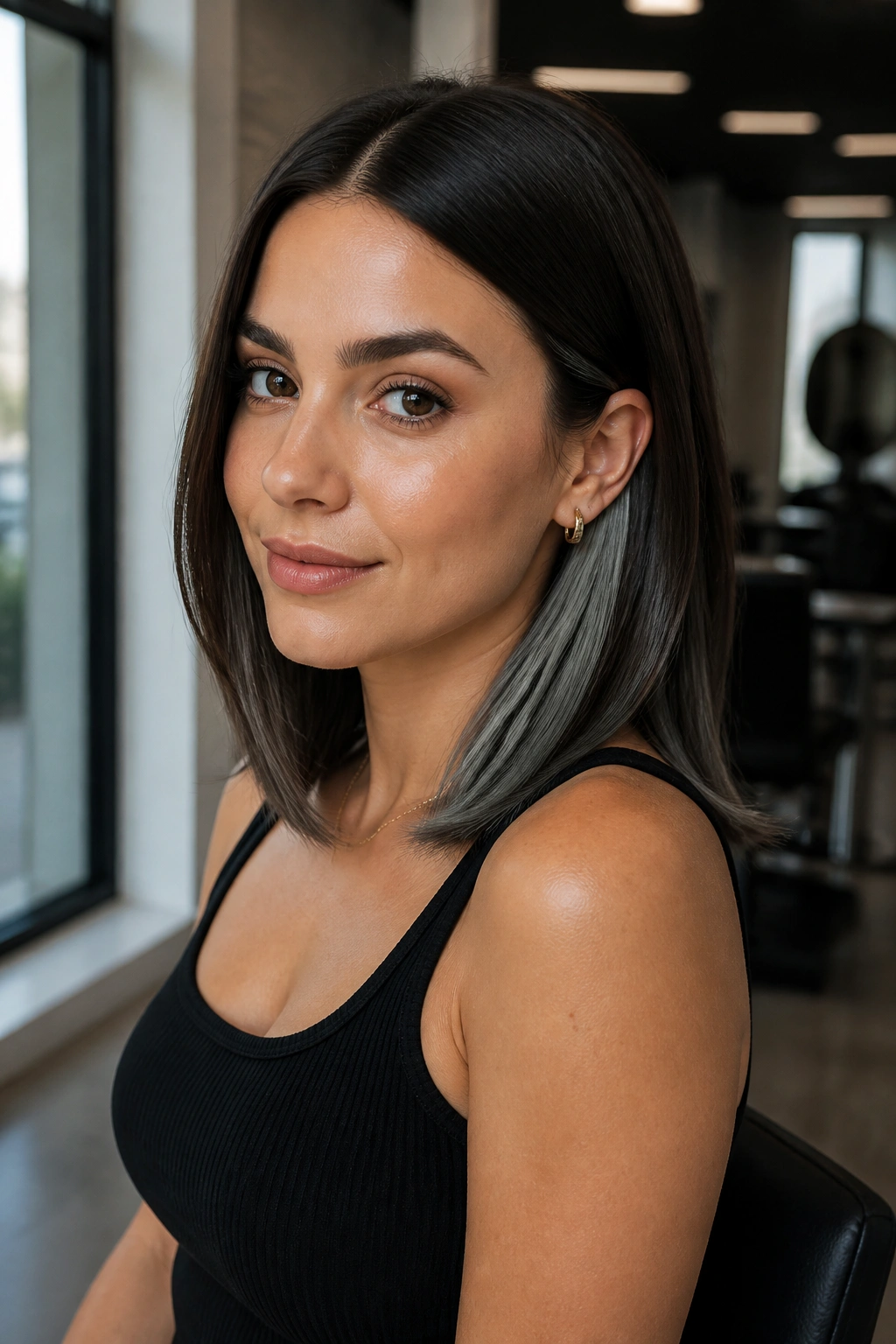 Portrait of a real woman with brunette lob and smoke gray slices at the ends