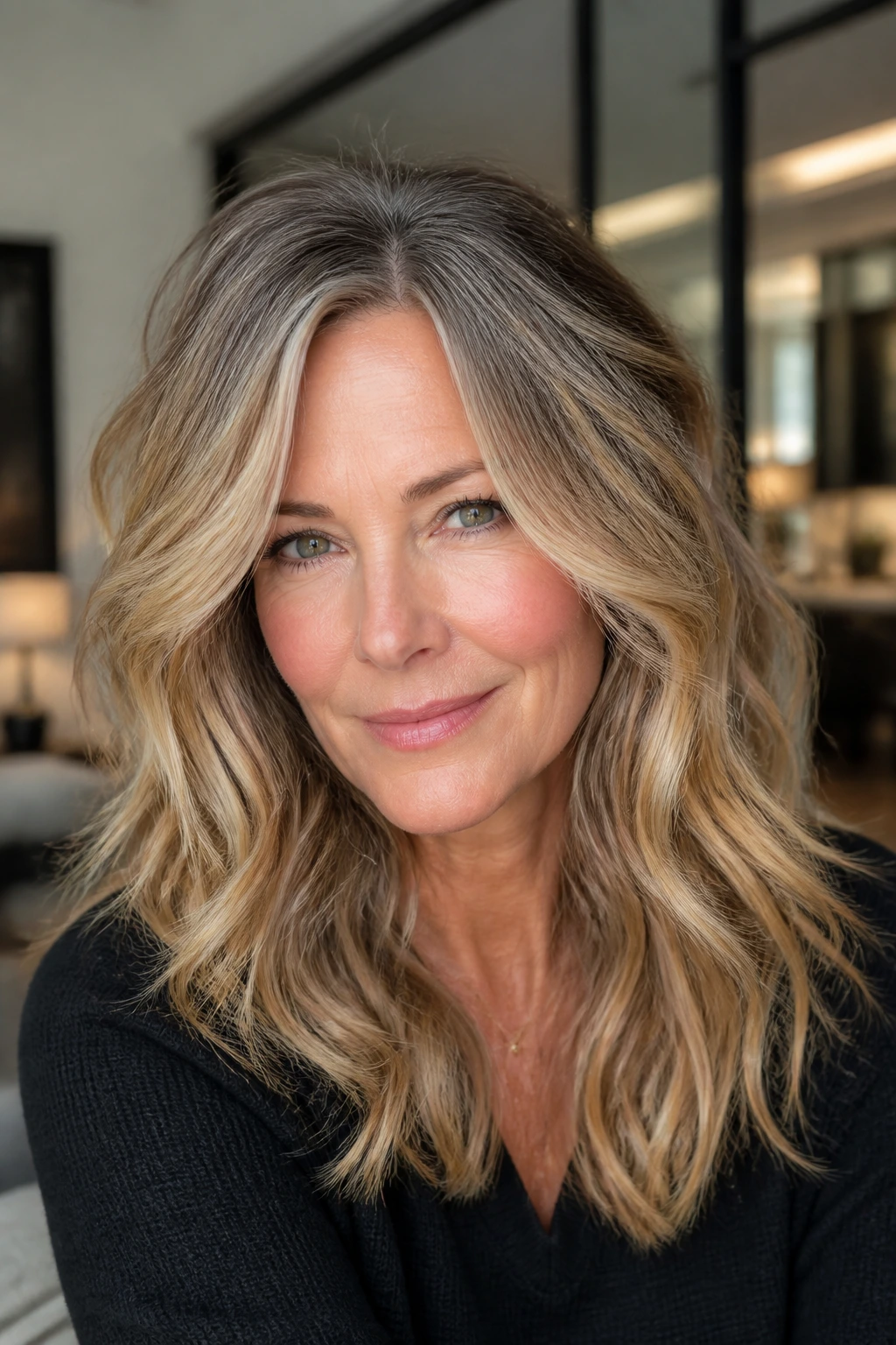 Close-up portrait of a real woman with smoky-root honey blonde in a stylish apartment.