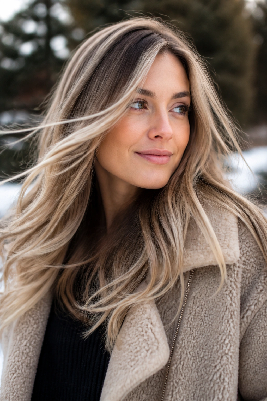 Close-up portrait of a real woman with smoked beige balayage and soft movement in winter daylight