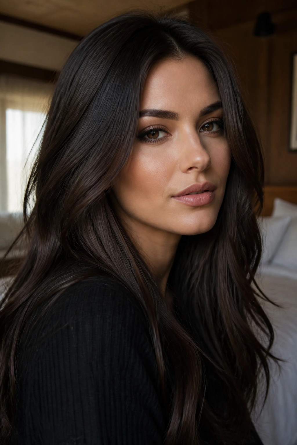 Close-up portrait of a woman with smoked brunette hair framing an oval face in soft window light