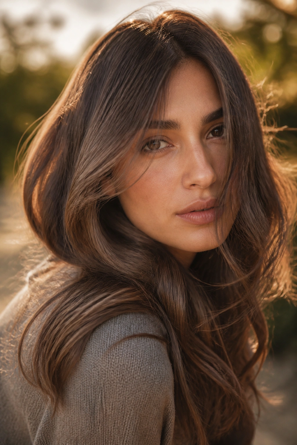 Close-up of a real person with smoked chestnut hair ash beige undertones
