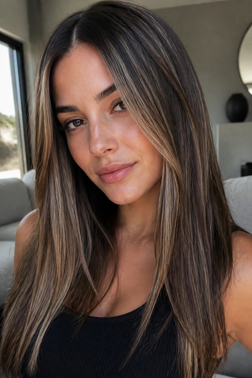 Portrait of smoky mocha brown hair with warm beige chunks.
