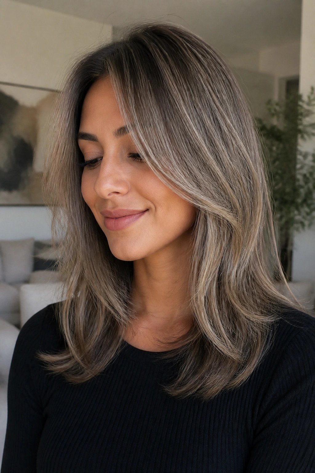 Woman with smoky ash balayage and invisible layers in soft light