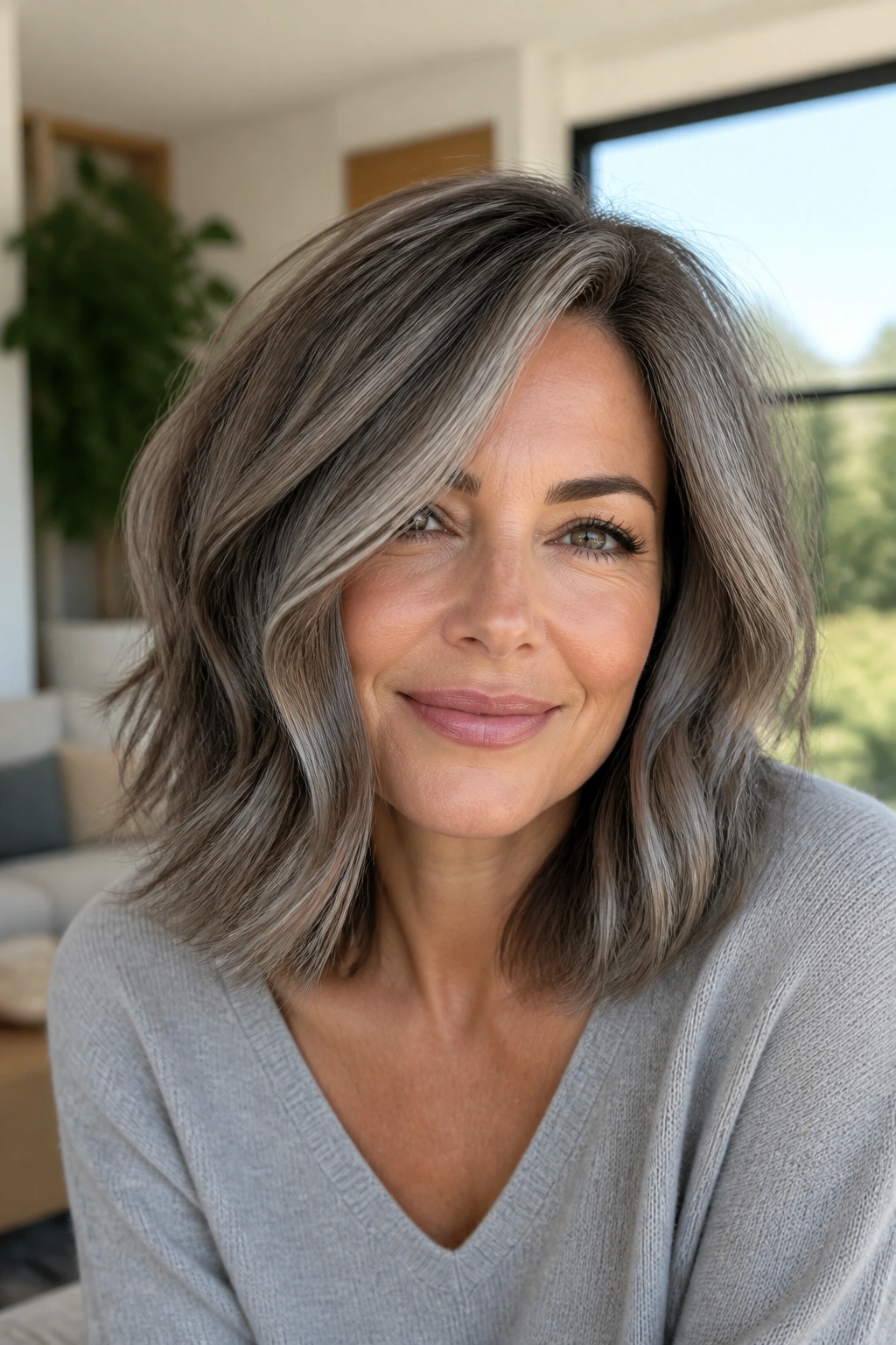 Close-up of a voluminous lob with smoky ash balayage
