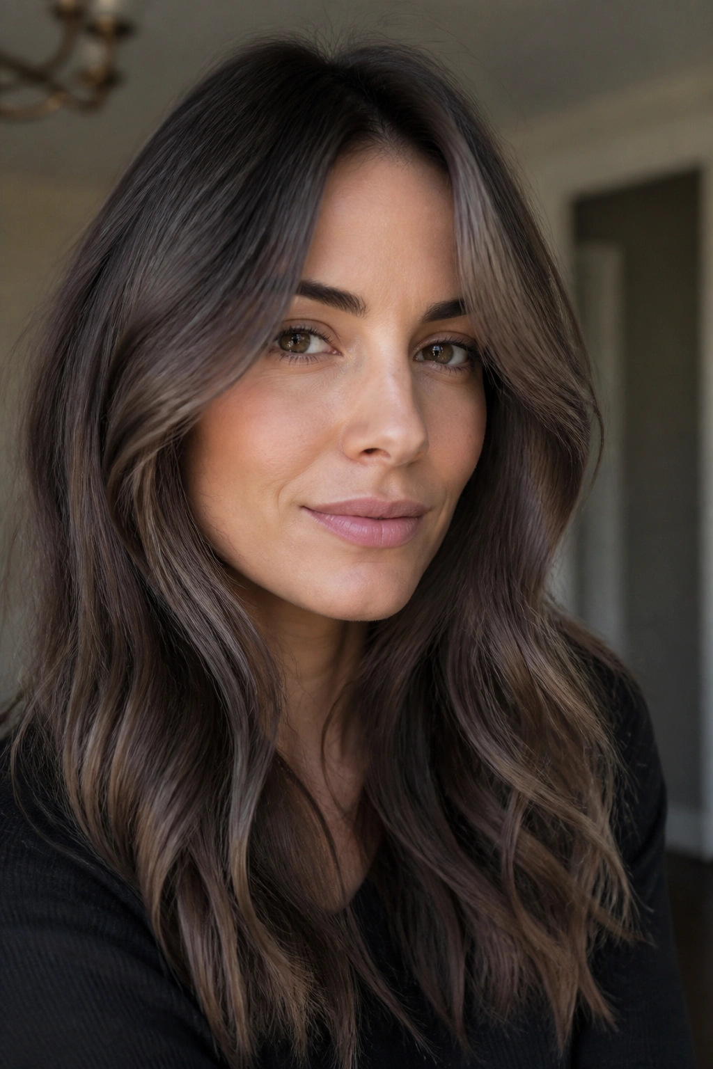 Close-up portrait of a real woman with smoky ash brown hair in natural window light