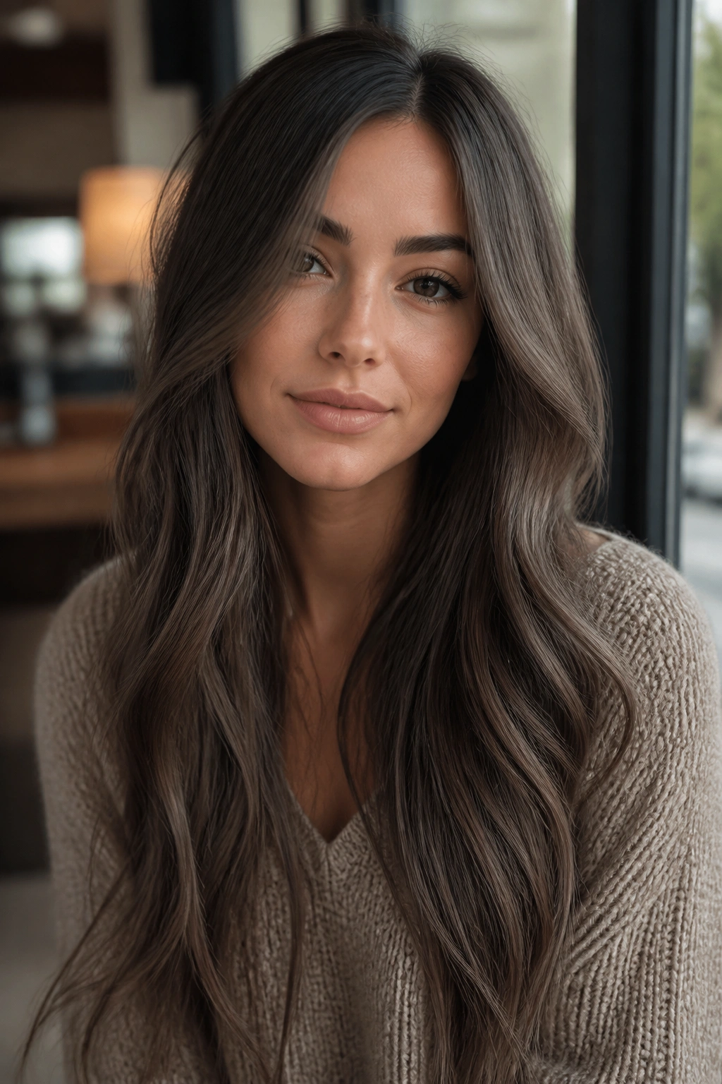 Portrait of a woman with smoky ash brunette and cool-toned hair