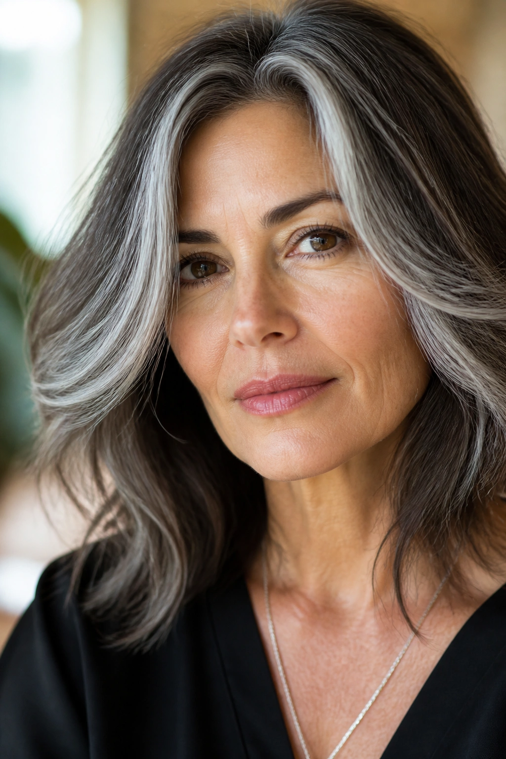Close-up portrait of a real person with smoky ash face-framing highlights around the cheeks and hairline.
