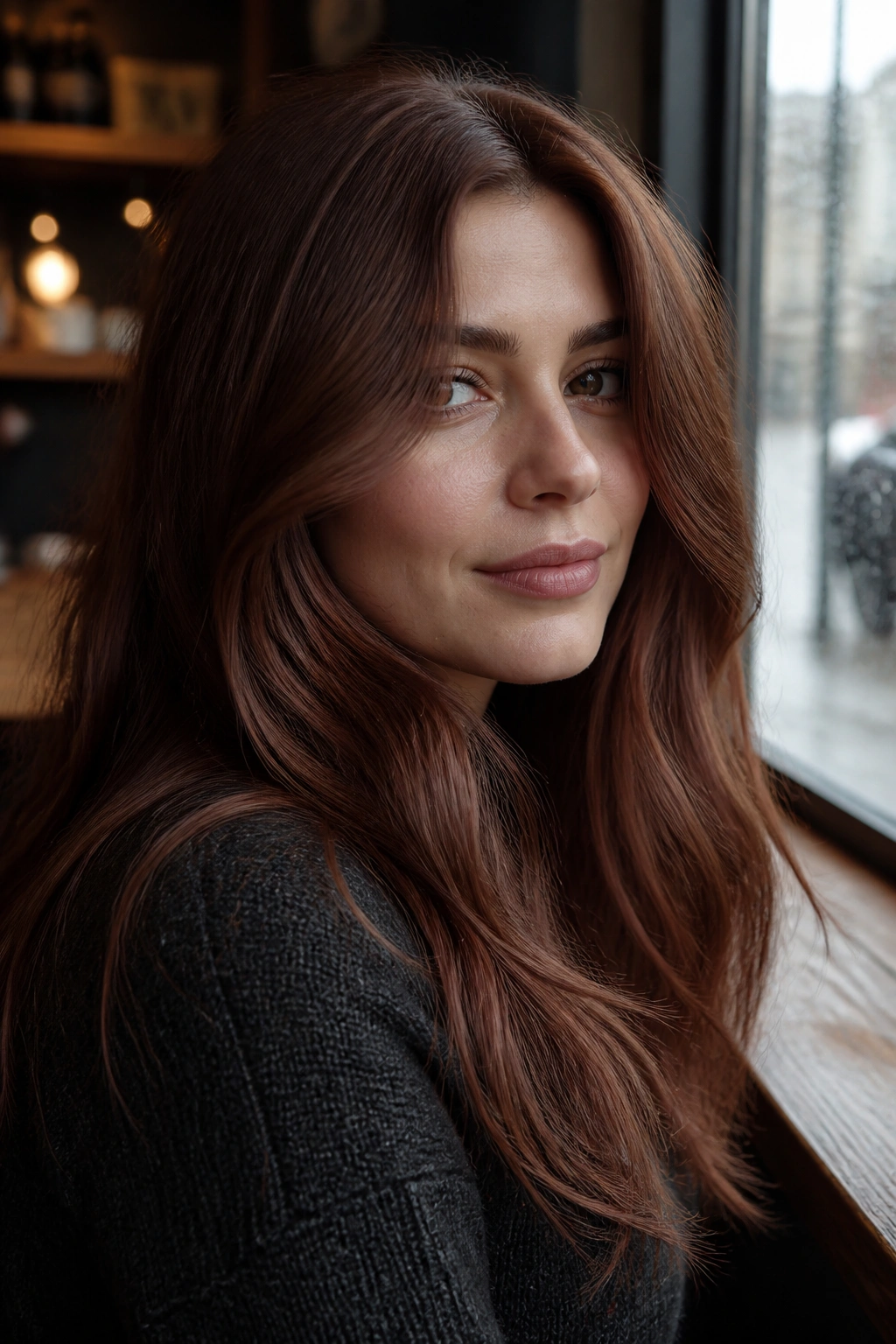 Close-up of a real woman with smoky auburn hair and cool brown undertones