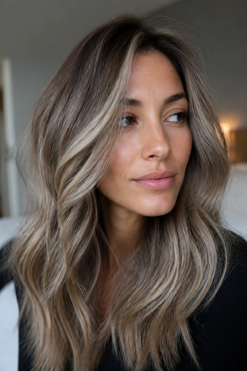 Close-up of a woman with smoky beige balayage under soft window light